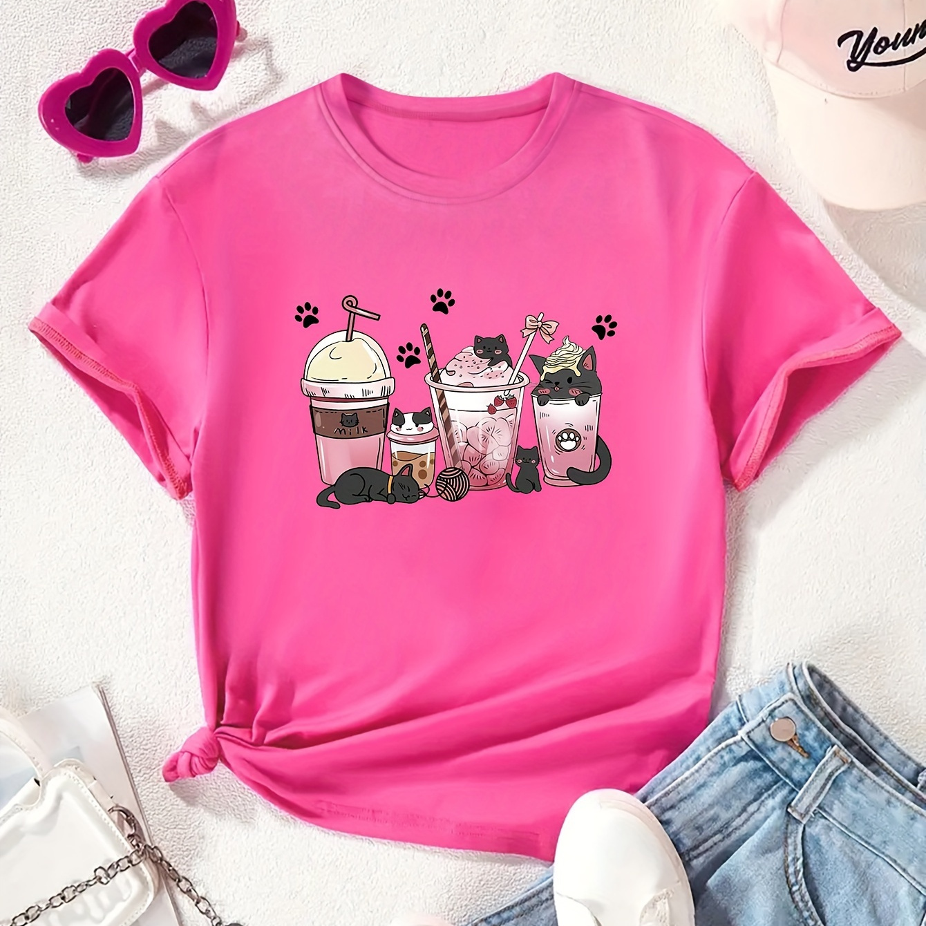 

Cartoon Coffee Cups With Black Cats Graphic Print, Girls' Casual Crew Neck Short Sleeve T-shirts, Comfy Top Clothes For Spring And Summer For Exercise