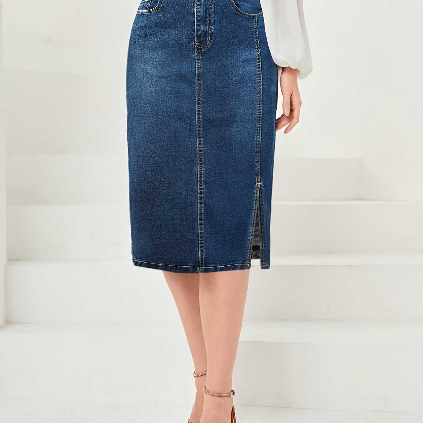 

Women's Fashion High-waisted Denim Pencil Skirt, Casual Slim Fit Midi Length With Slit, Versatile And Comfortable Style For Everyday Wear
