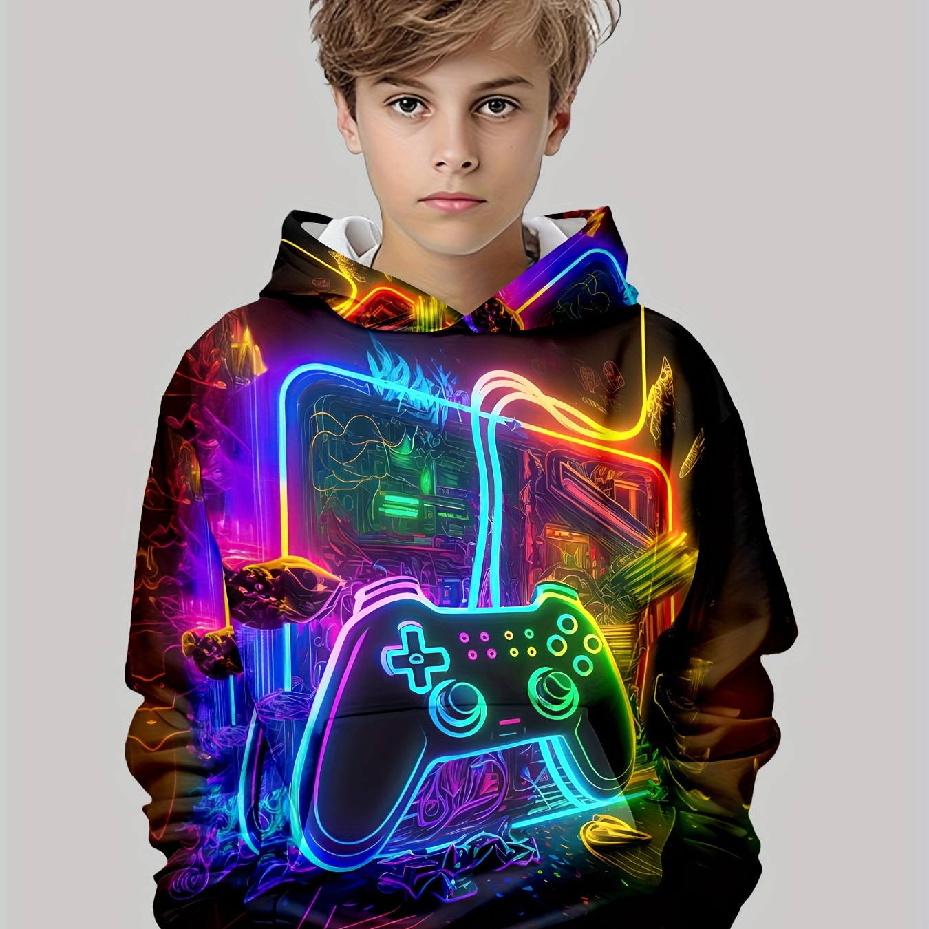 

Boys Vibrant Game Console Graphic Print Hooded Long Sleeve Sweatshirt, Soft Slight Stretch Polyester, Machine Washable, Pullover Design With Pocket, Perfect For Daily Casual Wear