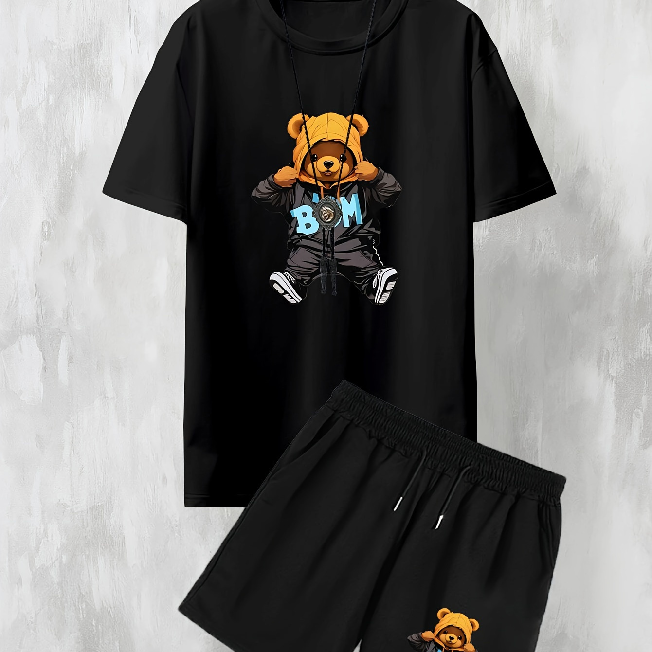 

2pcs Boys Casual Bear Print Comfortable Versatile Short Sleeve T-shirt & Shorts Set, Lightweight And Comfy Summer Clothes Set