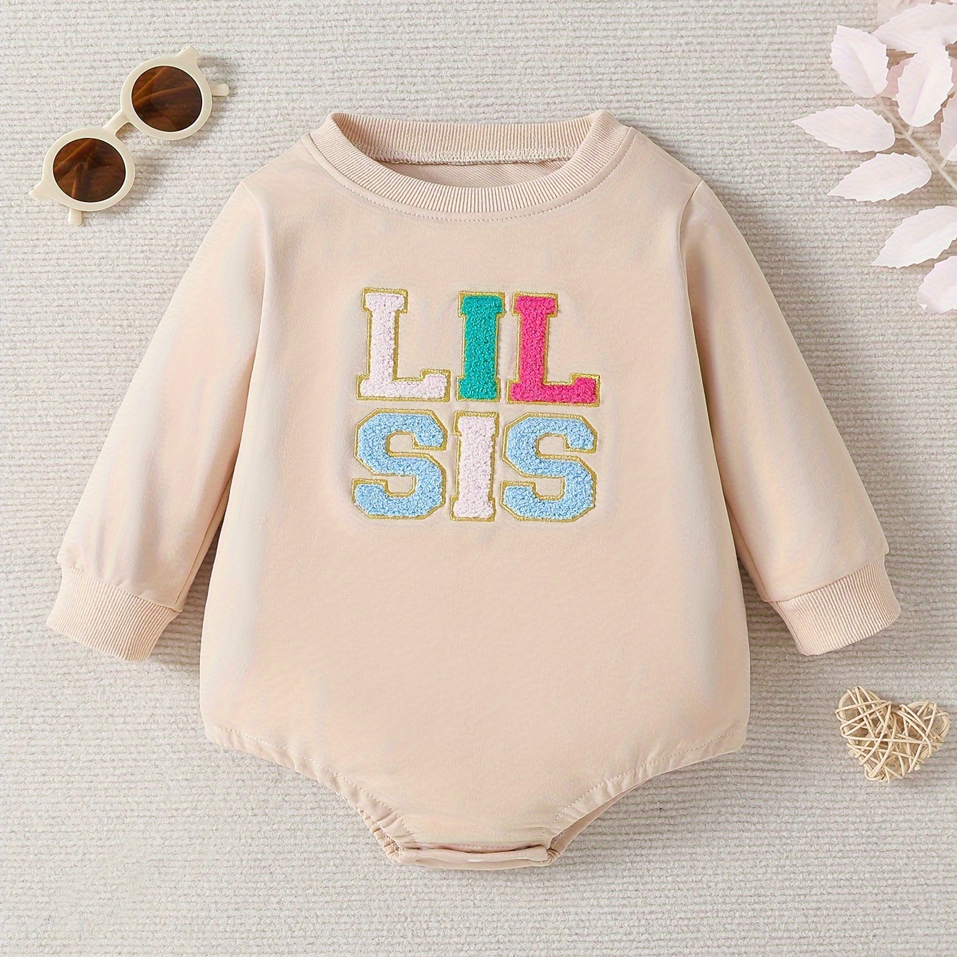 

Baby Girls Cute Sister Embroidered Twin Bodysuit, Infant Toddler Lil Sis Letter Long Sleeve Onesie, Baby Clothes
