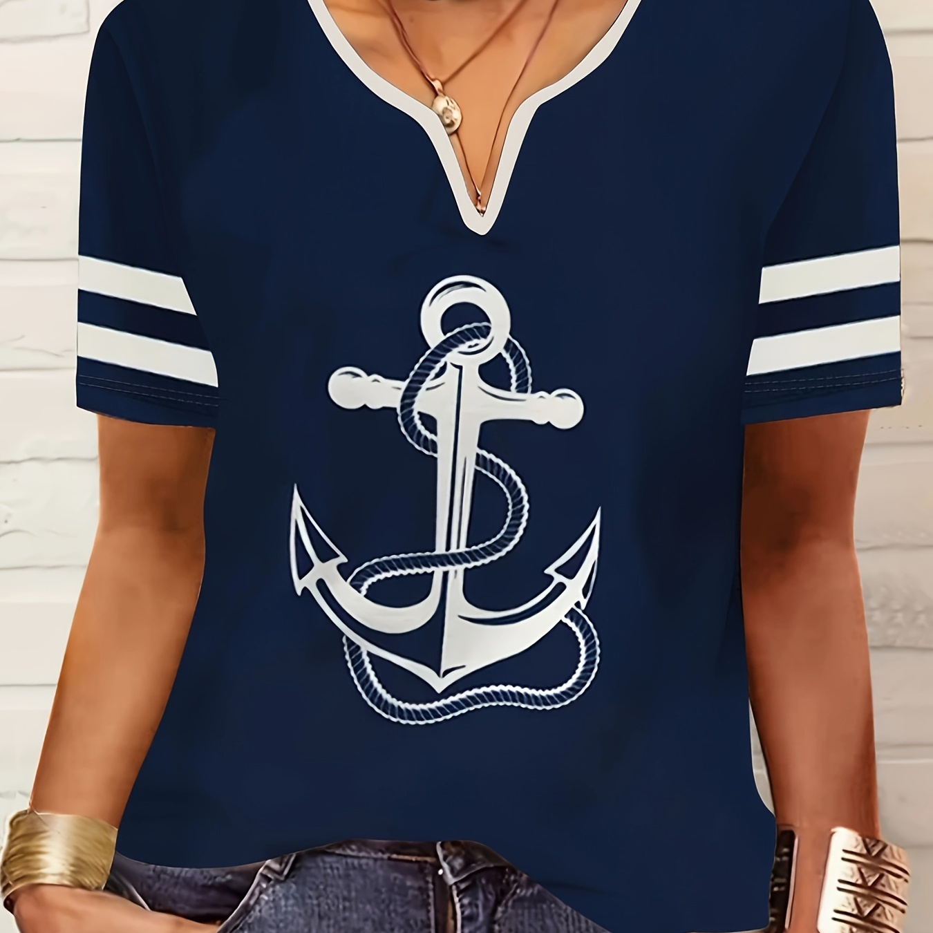 

Anchor Print Notched Neck T-shirt, Casual Short Sleeve T-shirt For Spring & Summer, Women's Clothing