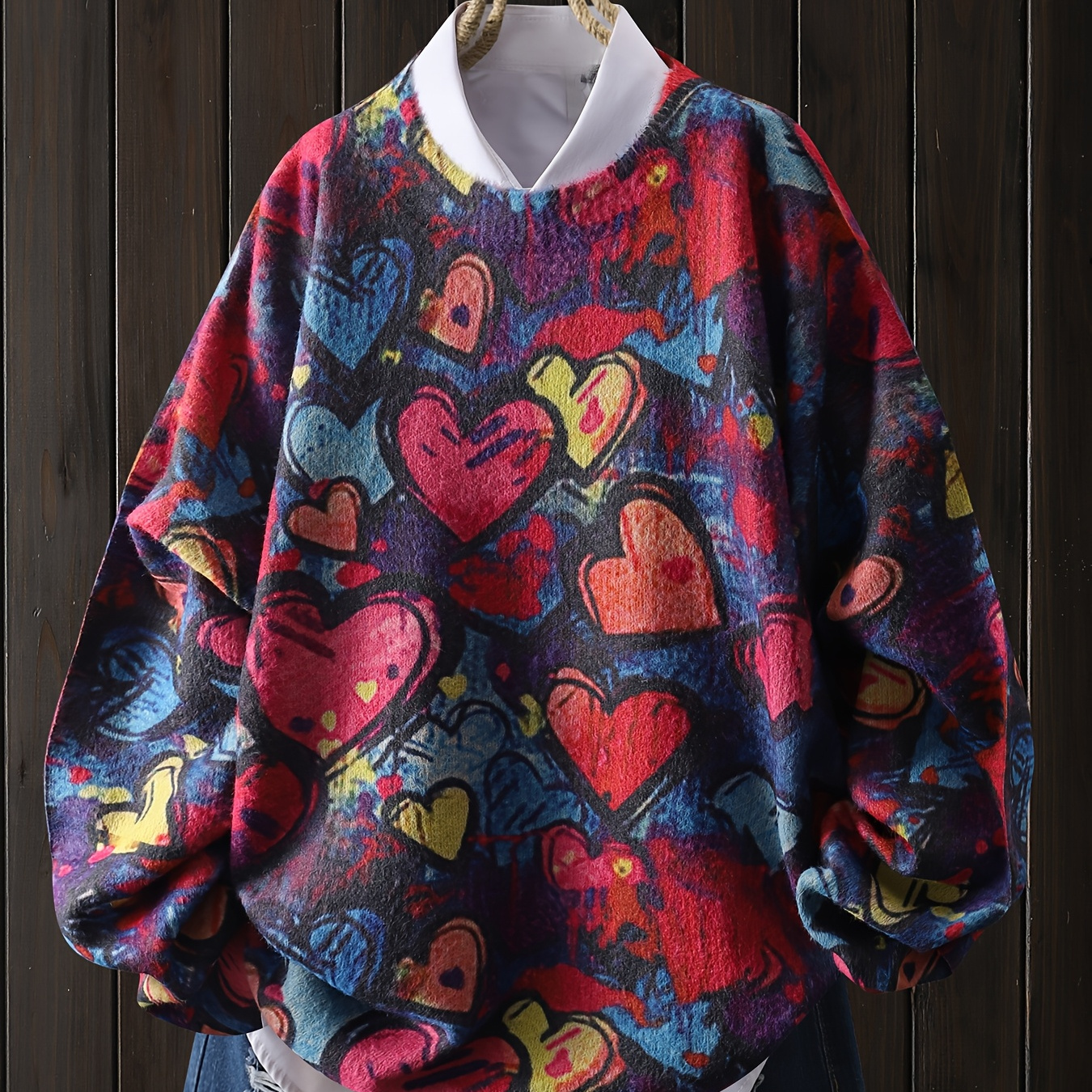 

Pull à motif rétro en de cœur pour la Saint-Valentin, rouge, rose, bleu et jaune, haut décontracté à col rond et manches longues, vêtements pour femmes.