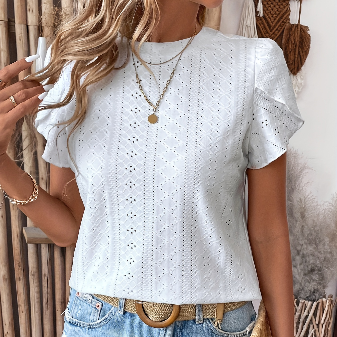 

Eyelet Embroidered Petal Sleeve T-shirt, Elegant Crew Neck Top For Spring & Summer, Women's Clothing