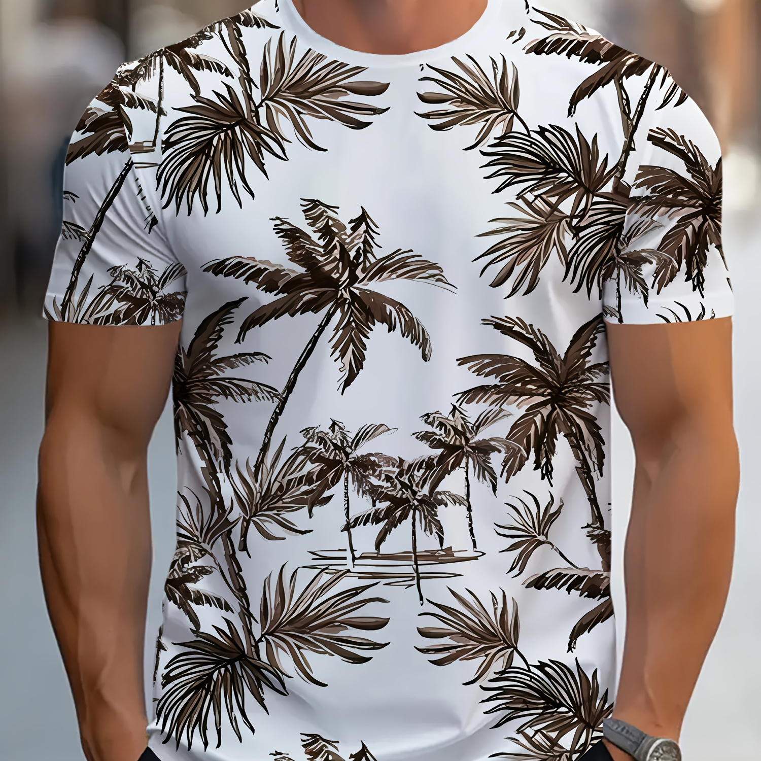 

Men's Tropical Coconut Tree Pattern Crew Neck And Short Sleeve T-shirt, Chic And Trendy Tops For Summer Leisurewear And Beach Vacation
