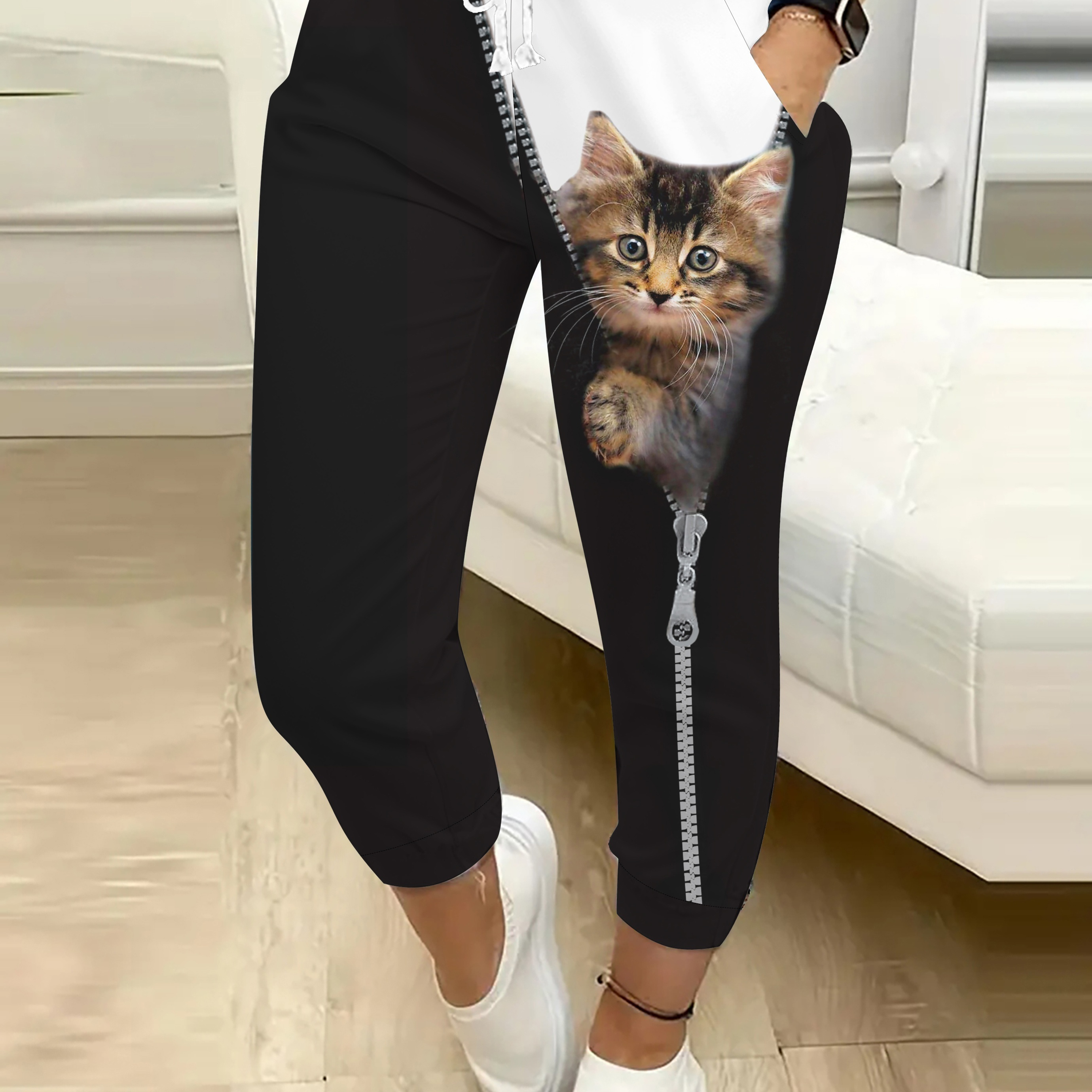 

Women's Casual 3d Cat Print Drawstring Joggers With Pockets - Stretchy Polyester , Machine Washable, Ladies Jogging Suits