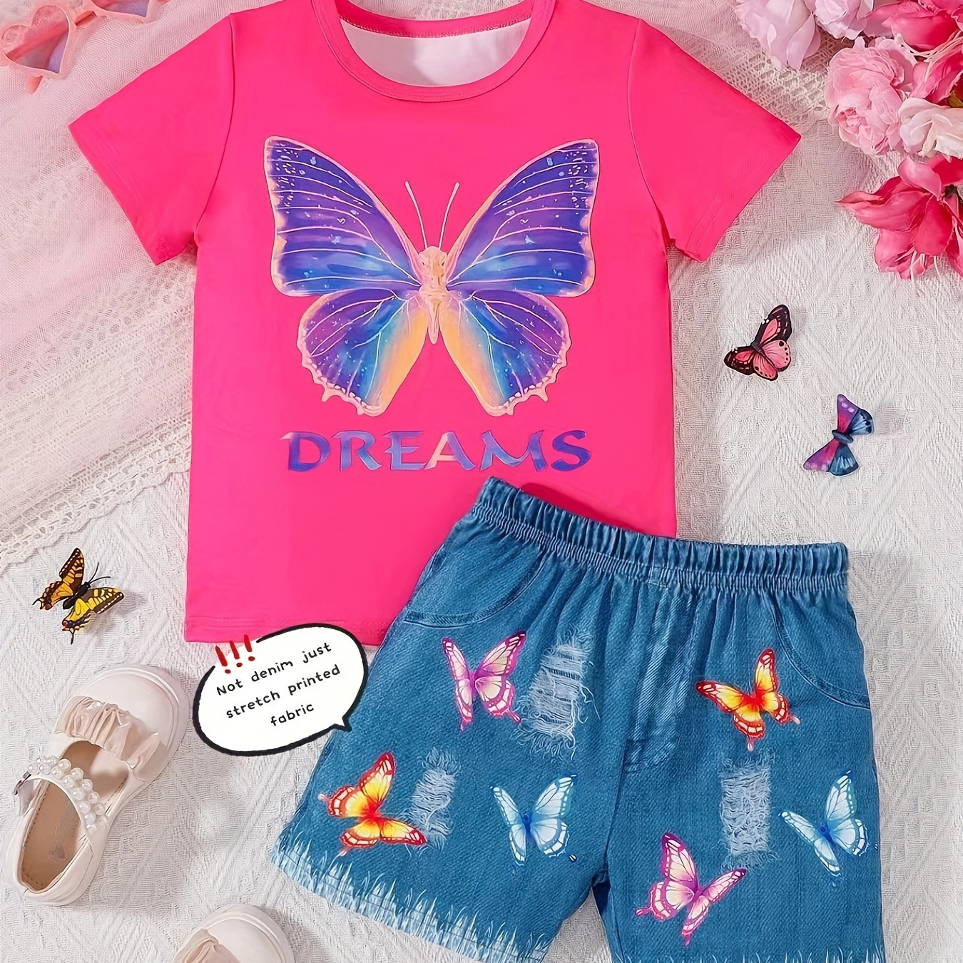 

Casual 2pcs, Girl's Dreamy Butterfly Graphic T-shirt + Shorts Legging Set Comfy Cute Summer Clothes Girls Outfit