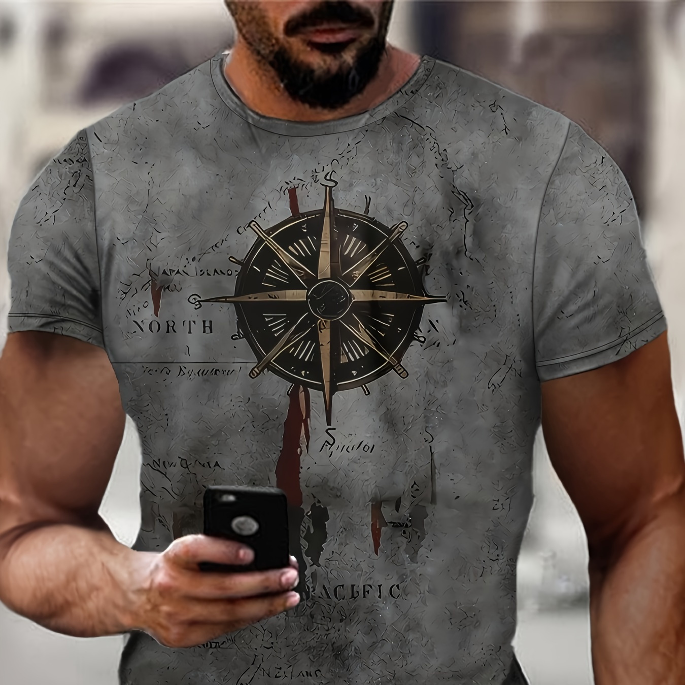 

Men's Casual 3d Compass Print T-shirt - Vintage North Design, Short Sleeve Summer Outdoor Sportswear, Polyester , Round Neck, Machine Washable