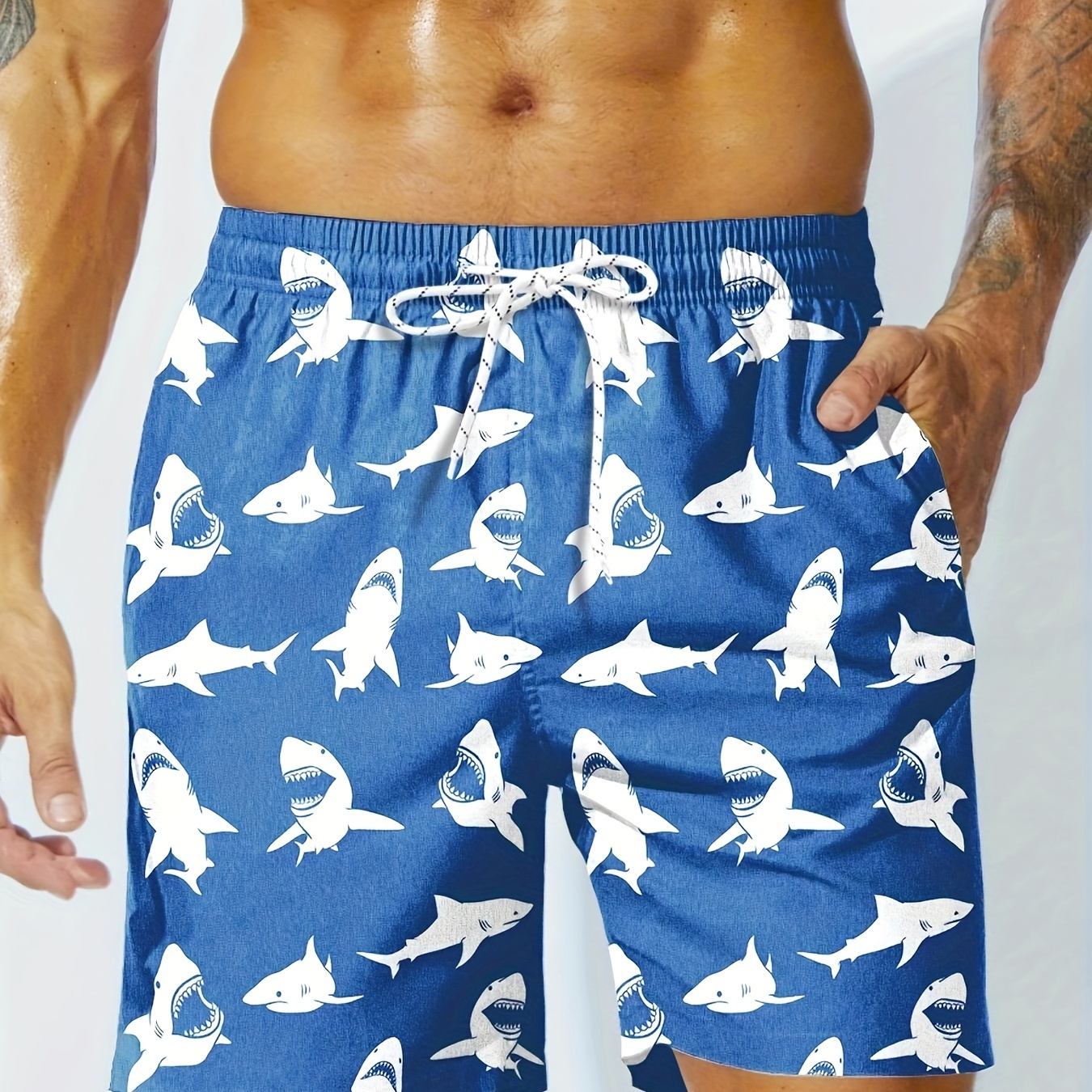 

1pc, Men's Cartoon Style Shark Graphic Pattern Board Shorts With Drawstring And Pockets, Chic And Stylish Shorts For Summer Pool And Beach Holiday Wear