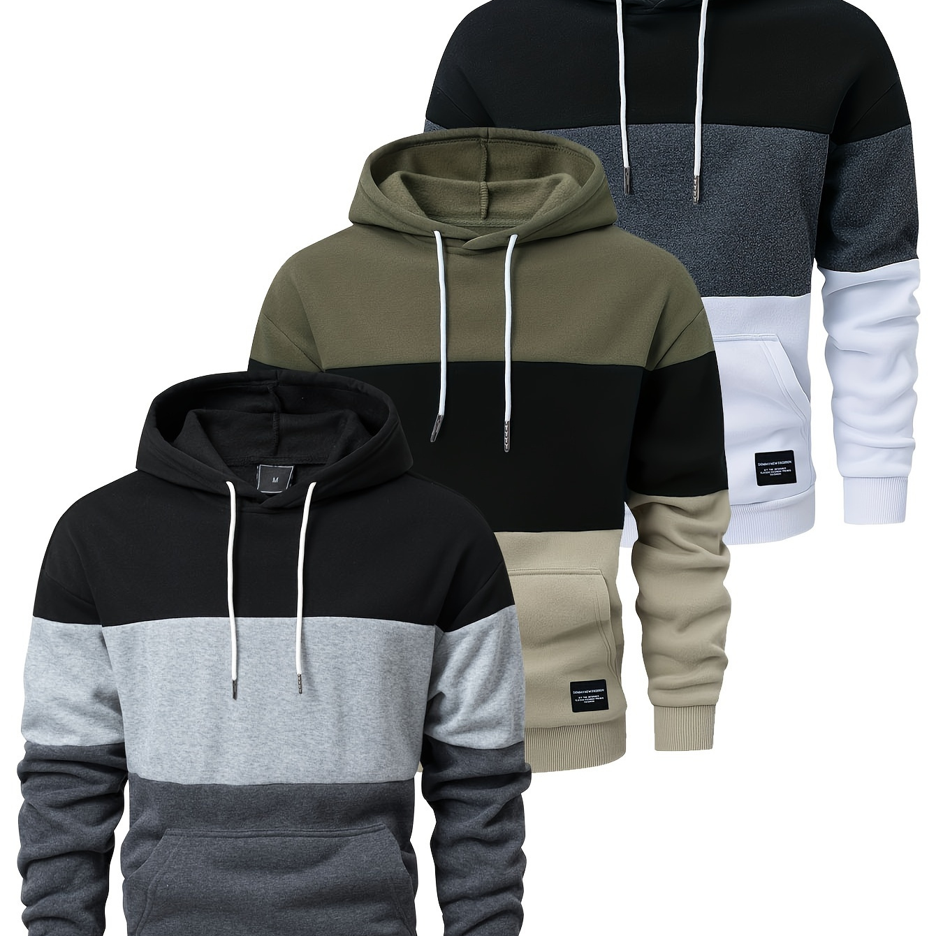 

3-pack Men's Casual Spliced Solid Color Hooded Sweatshirts, 100% Polyester Knit Fabric, Stretch, Kangaroo Pocket, Drawstring, Long Sleeve Pullovers For Fall/winter, Regular Fit - Ideal Holiday Gift