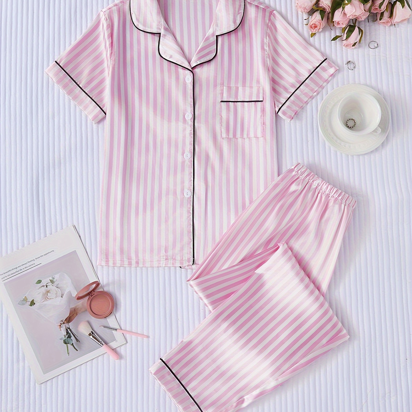 

Women's Print Satin Casual Pajama Set, Short Sleeve Buttons Lapel Top & Pants, Comfortable Relaxed Fit