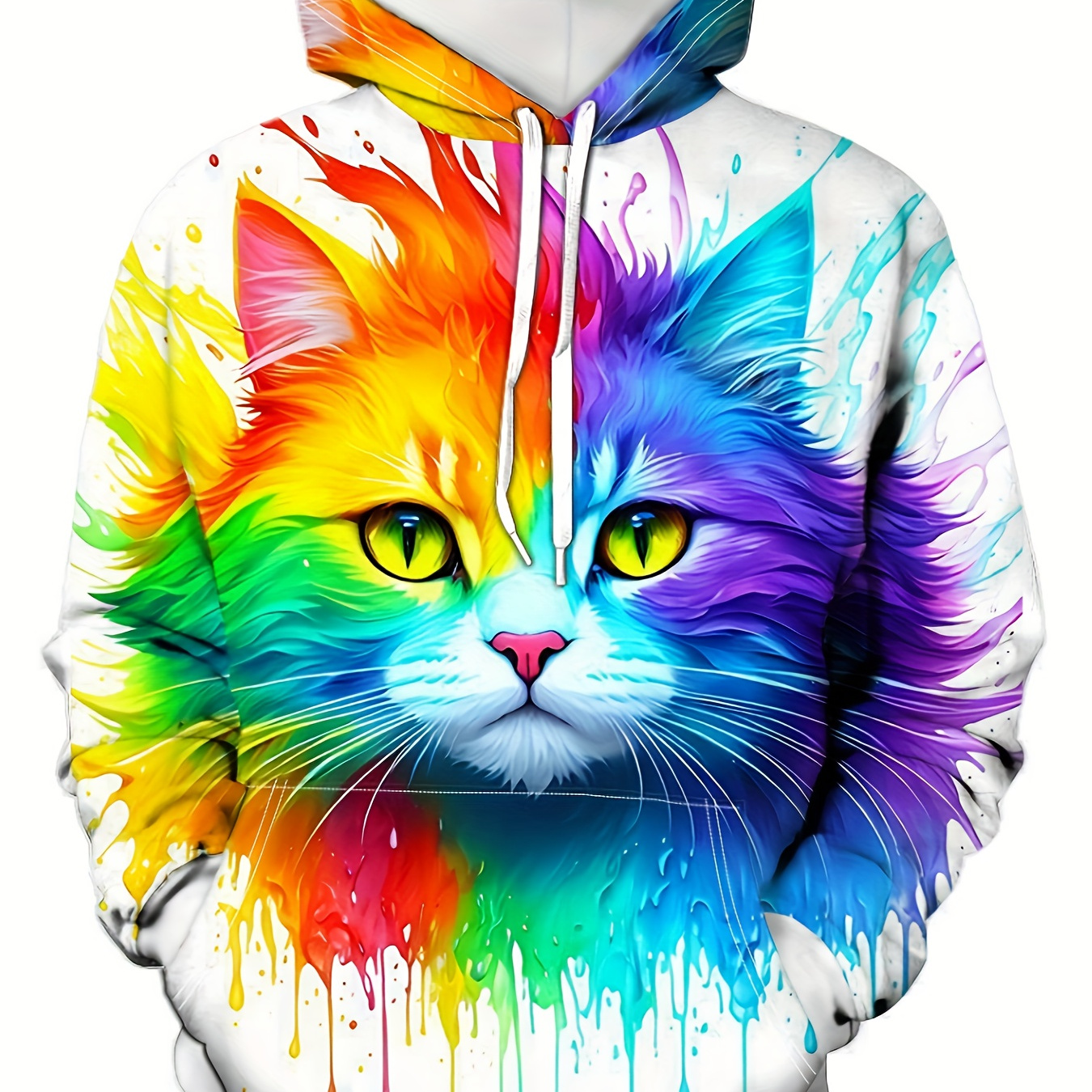 Plus Size Men's 3D Colorful Cat Print Hoodies Fashion Casual Hooded Sweatshirt For Spring Fall Winter, Men's Clothing