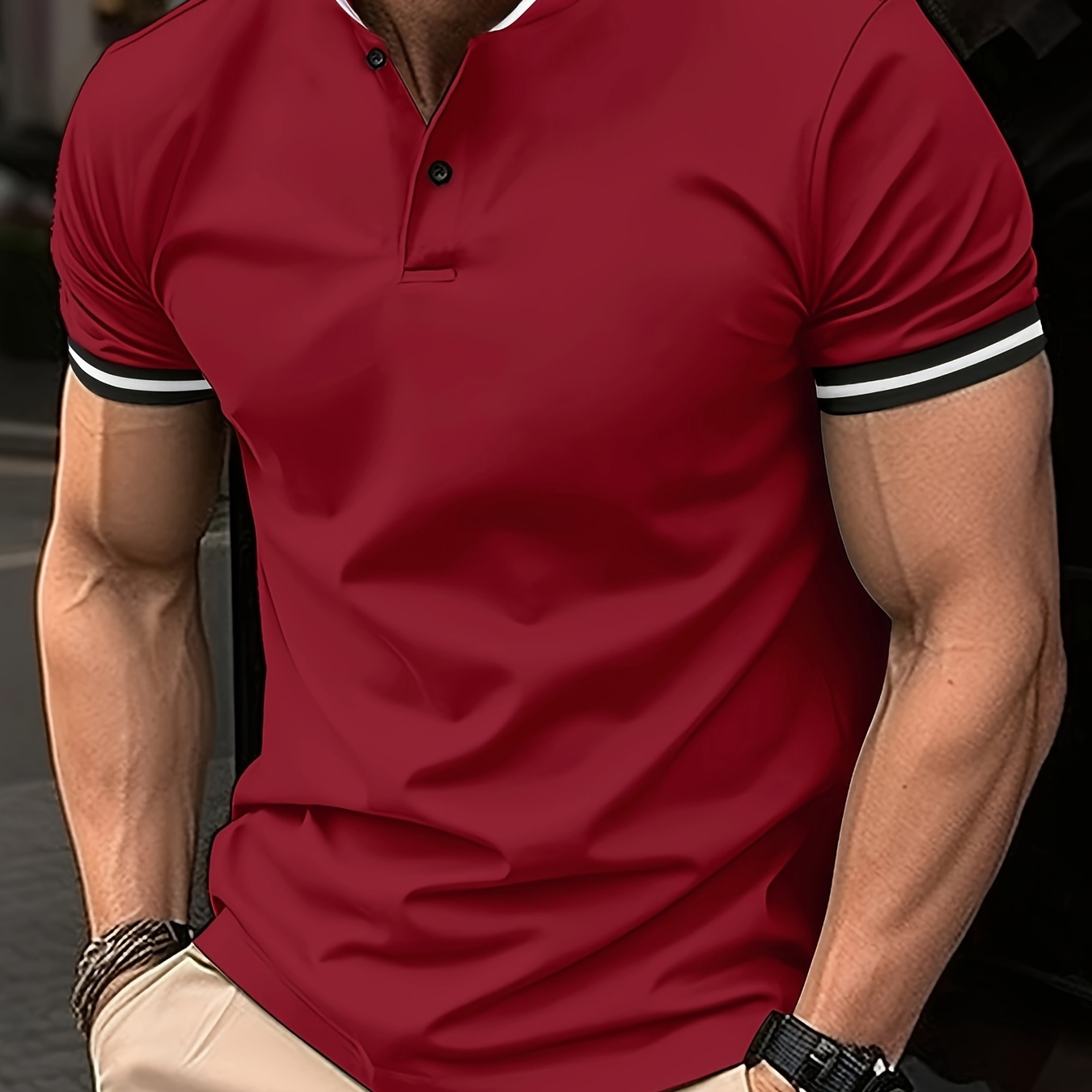 

Contrast Binding Men's Short Sleeve Stand Collar Golf Shirt, Summer Outdoor