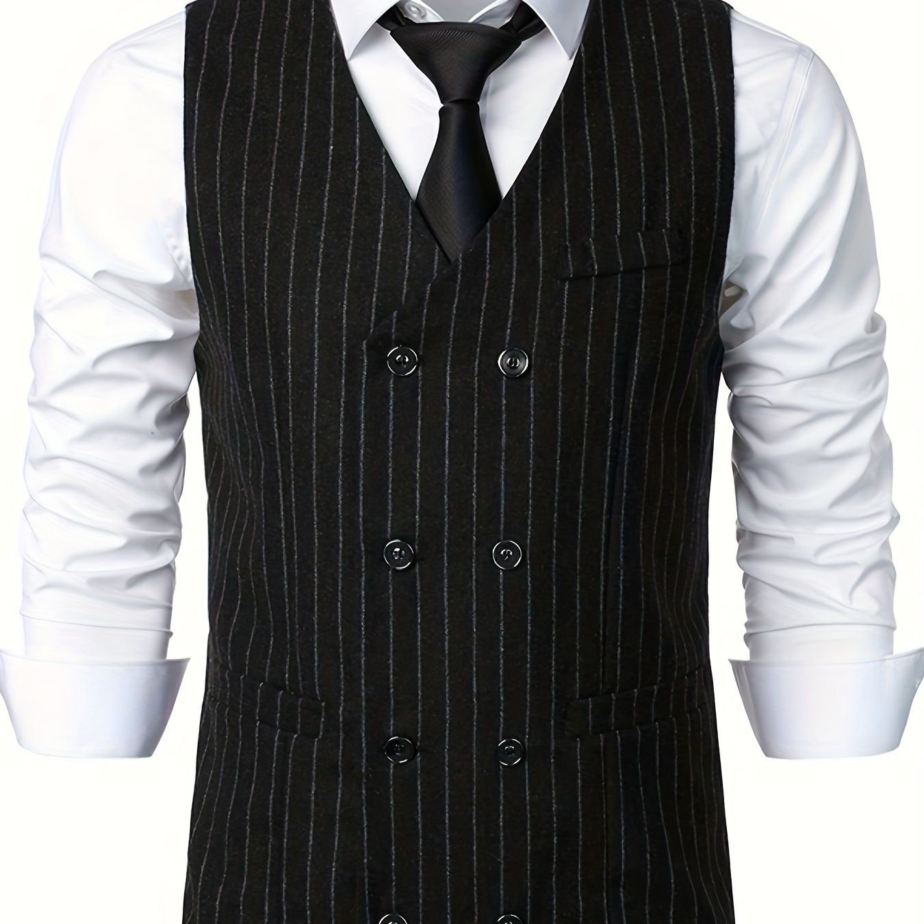 

Elegant Striped Dress Waistcoat, Men's Retro Double Breasted V Neck Smart Suit Vest For Business Dinner Wedding Banquet