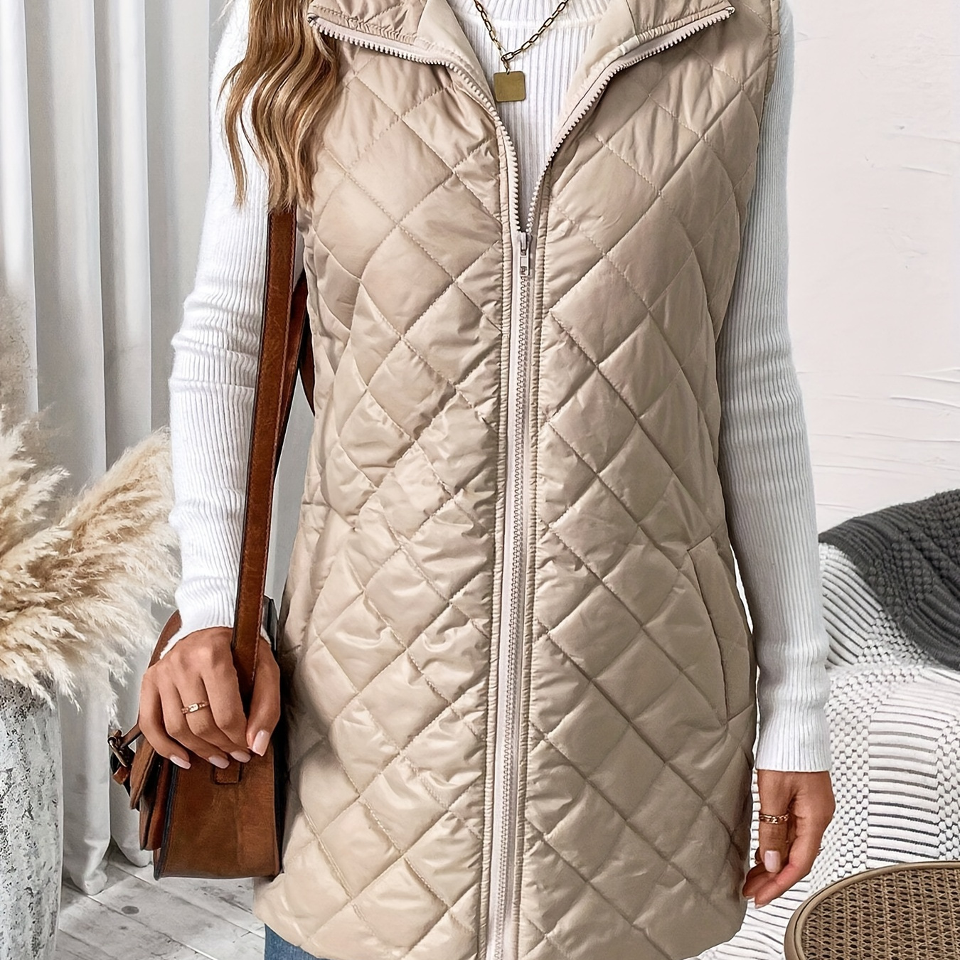 

Zip-up Quilted Vest, Casual Thermal Sleeveless Pockets Vest For Fall & Winter, Women's Clothing