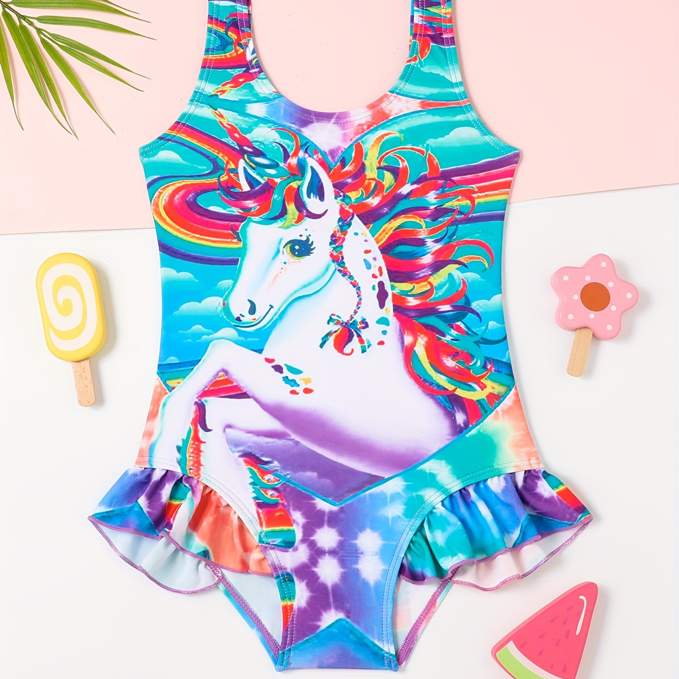 

Sweet Girls Rainbow Design Unicorn Print Sleeveless Swimwear Bathing Suit For Summer