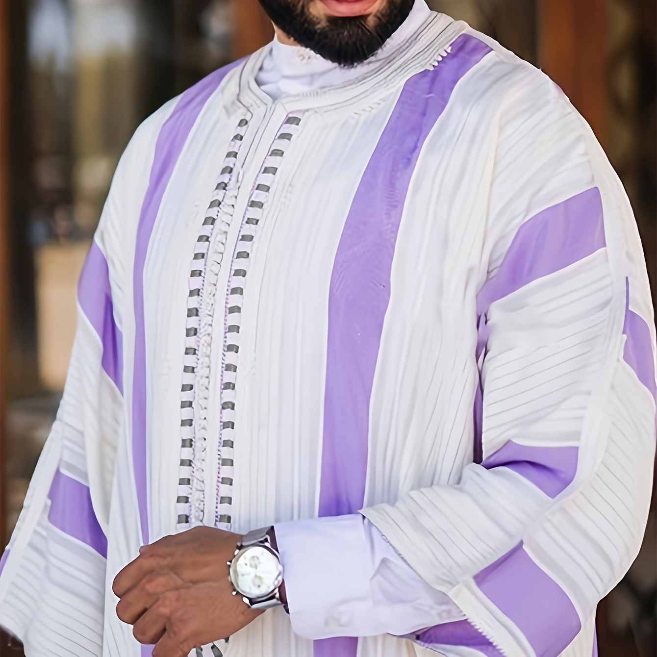 

Men's Vintage Style Stripe Pattern Robe, Casual Crew Neck Long Sleeve Print Robe For Spring Autumn