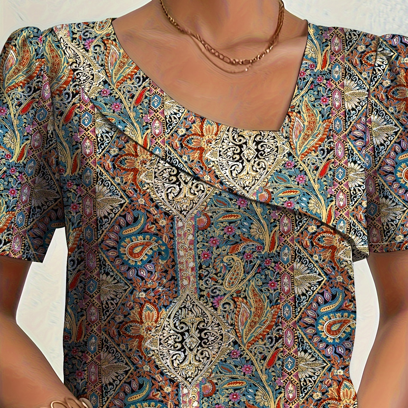 

Paisley Print Asymmetric Neck Blouse, Casual Short Sleeve Top For Spring & Summer, Women's Clothing