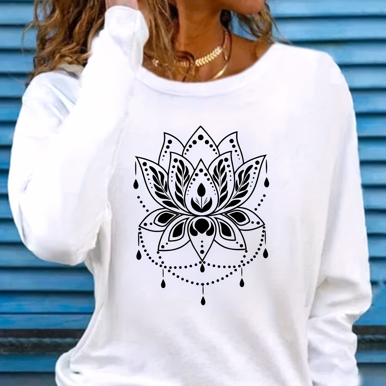 

Women's Bohemian For Lotus Flower Long Sleeve Top - White Polyester, Crew Neck, Intricate Mandala Design, Comfortable Casual Wear