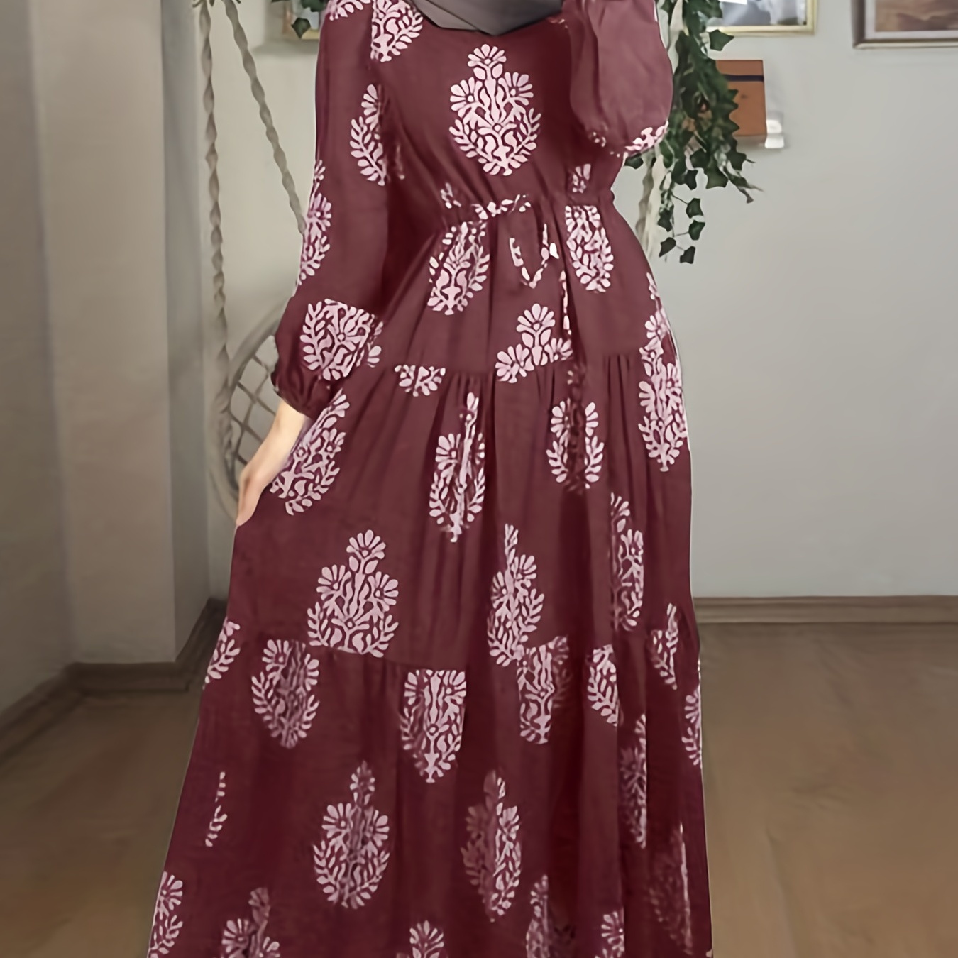 Floral Print High Waist Dress, Casual Crew Neck Long Sleeve Maxi Dress, Women's Clothing