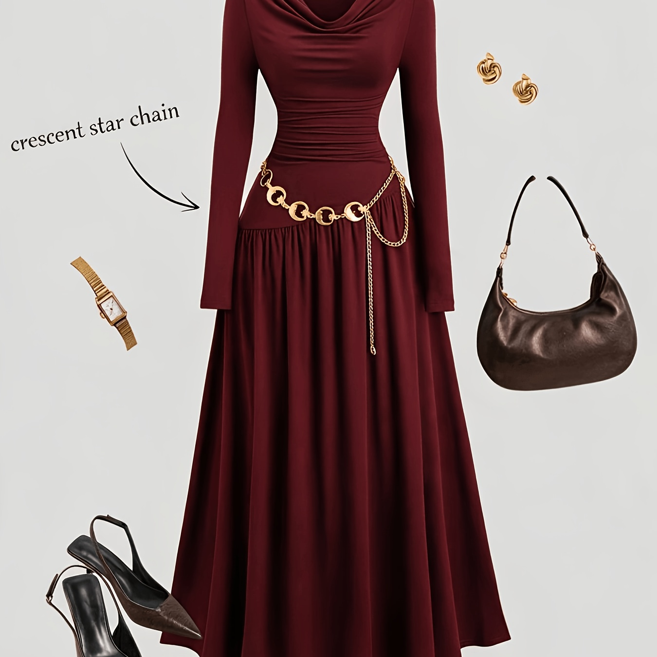 Women's Solid-color Autumn/winter Dress with a Deep Neckline and Long Sleeves, Simple yet Elegant