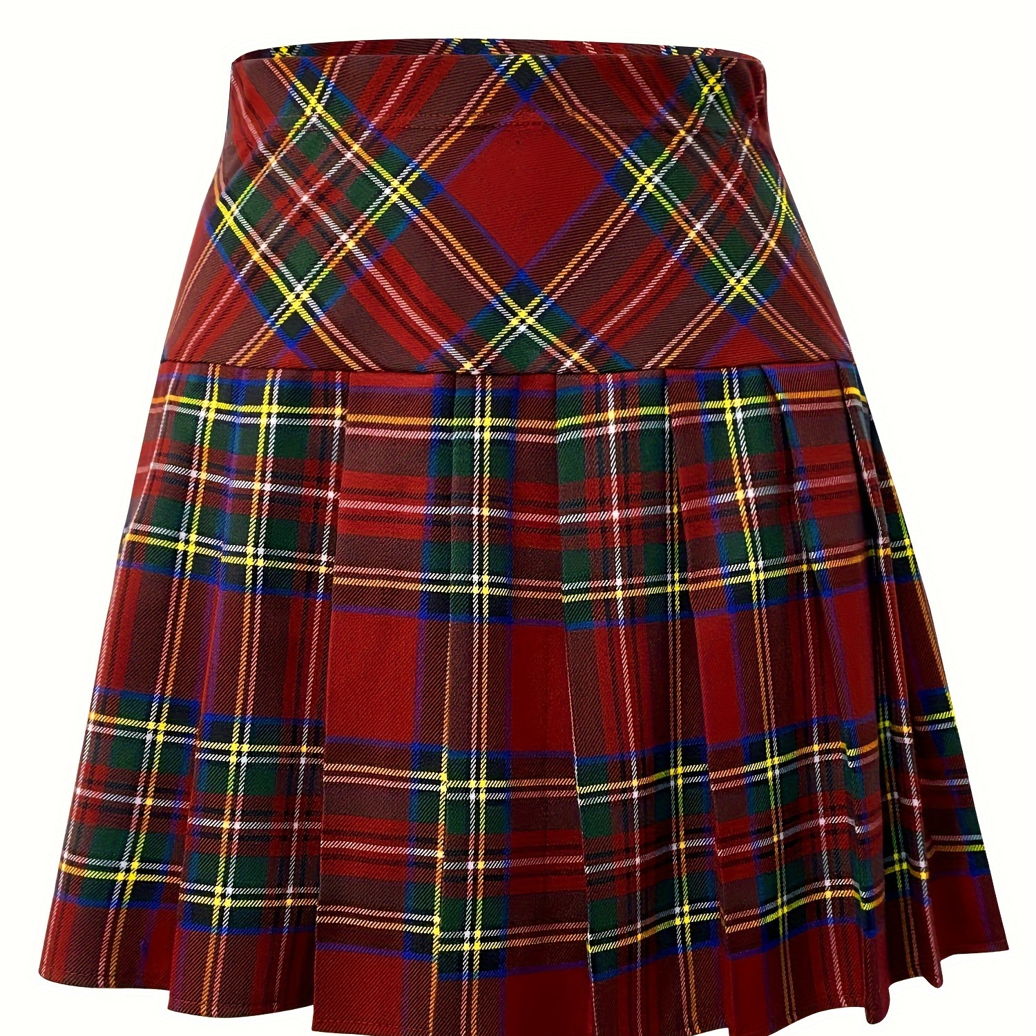 

Elegant Tartan Pleated Skirt - 97% Polyester 3% Spandex Woven Fabric, Stylish A- Skirt With