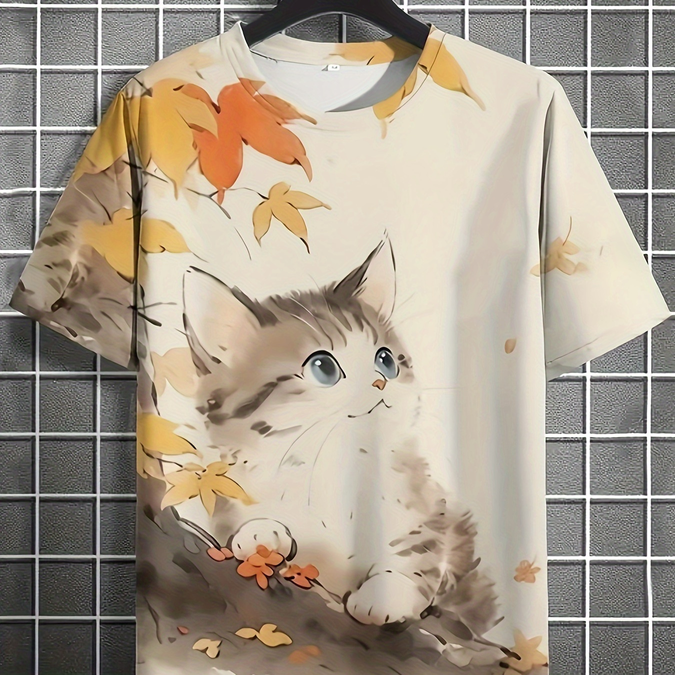 

Men's Cartoon Style Cat And Maple Floral Pattern Crew Neck And Short Sleeve T-shirt, Casual And Trendy Tops For Summer Casual And Street Wear