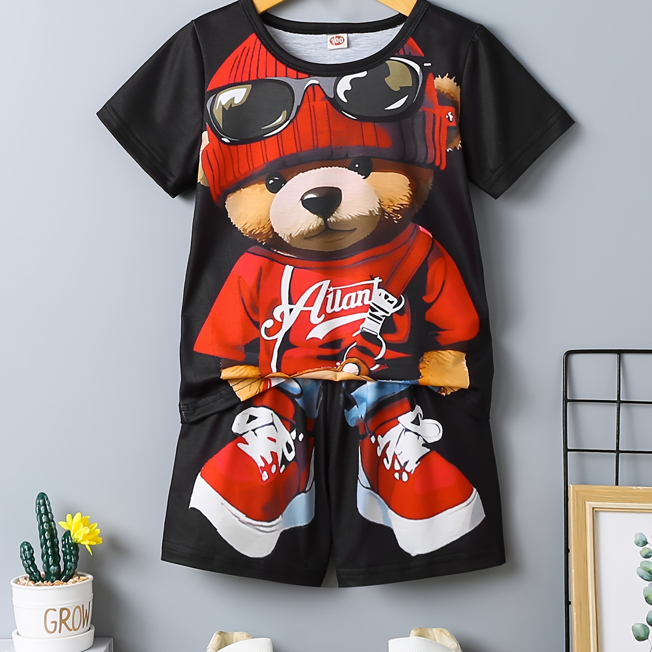 

Boys 2-piece Summer Set Cartoon Cool Bear Print Crew Neck Short Sleeve Tee + Matching Shorts Casual Co Ord Set