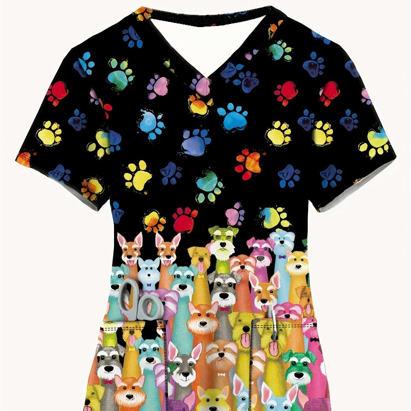 

Women's Cute Animal Print V-neck Scrub Top With Pockets, Polyester & Spandex , Knit Fabric, Regular Length, For Spring/summer Medical Nurse Uniform