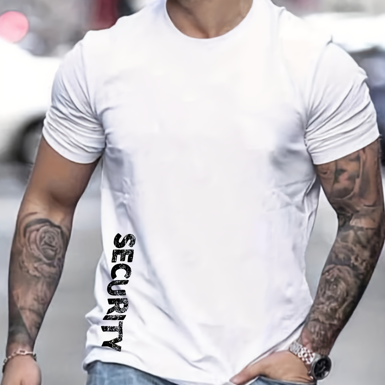 

Security Print Men's Casual Short Sleeve Crew Neck T-shirt, Summer Outdoor