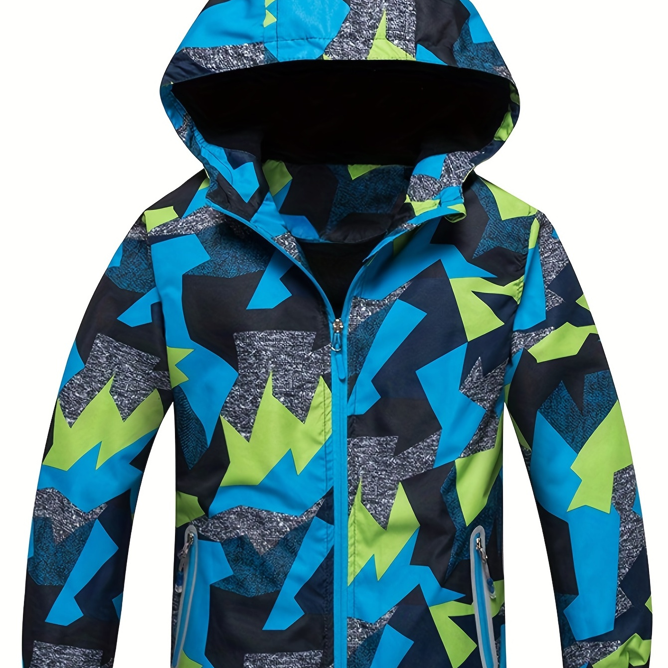 

Boys Color Block Zip Up Fleece Lining Casual Hooded Jacket Raincoat Windbreaker Outerwear Kids Clothes