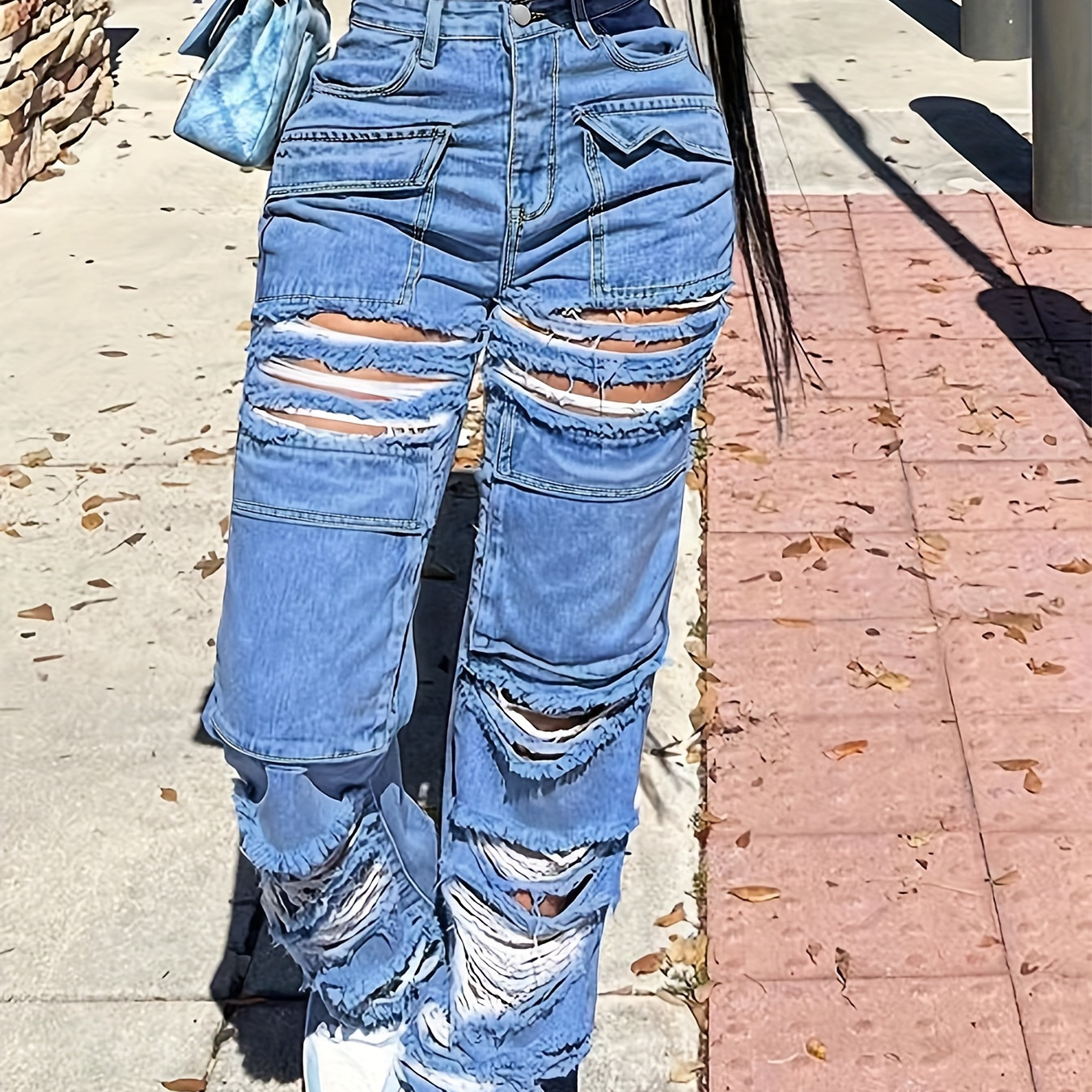 

Ripped Holes Washed Straight Jeans, Loose Fit Flap Pockets Denim Pants, Women's Denim Jeans & Clothing