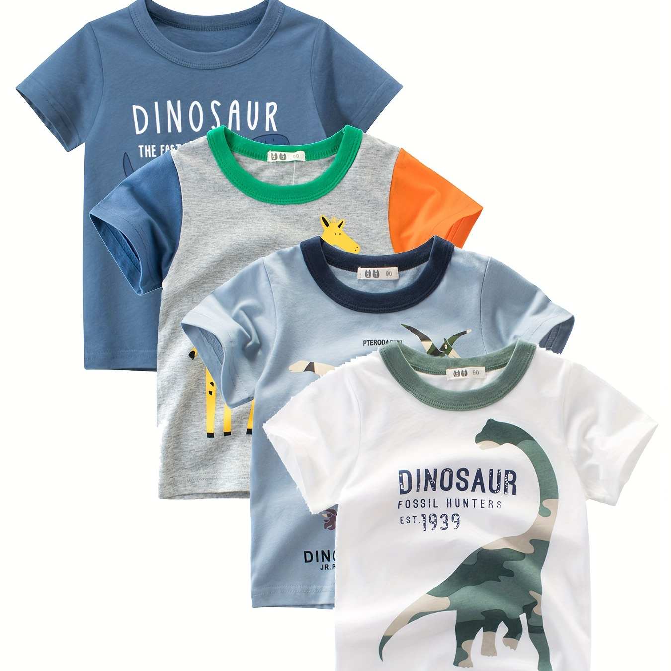 

4pcs Cartoon Dino Pattern Boy's Cute Leisure Sports T-shirt - 100% Cotton Comfortable Summer Outdoor Clothing