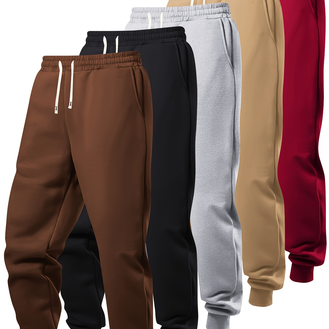 

5pcs Men' Color Joggers With Drawstring Waist - Casual Athletic Sweatpants, Breathable Polyester, Machine Washable