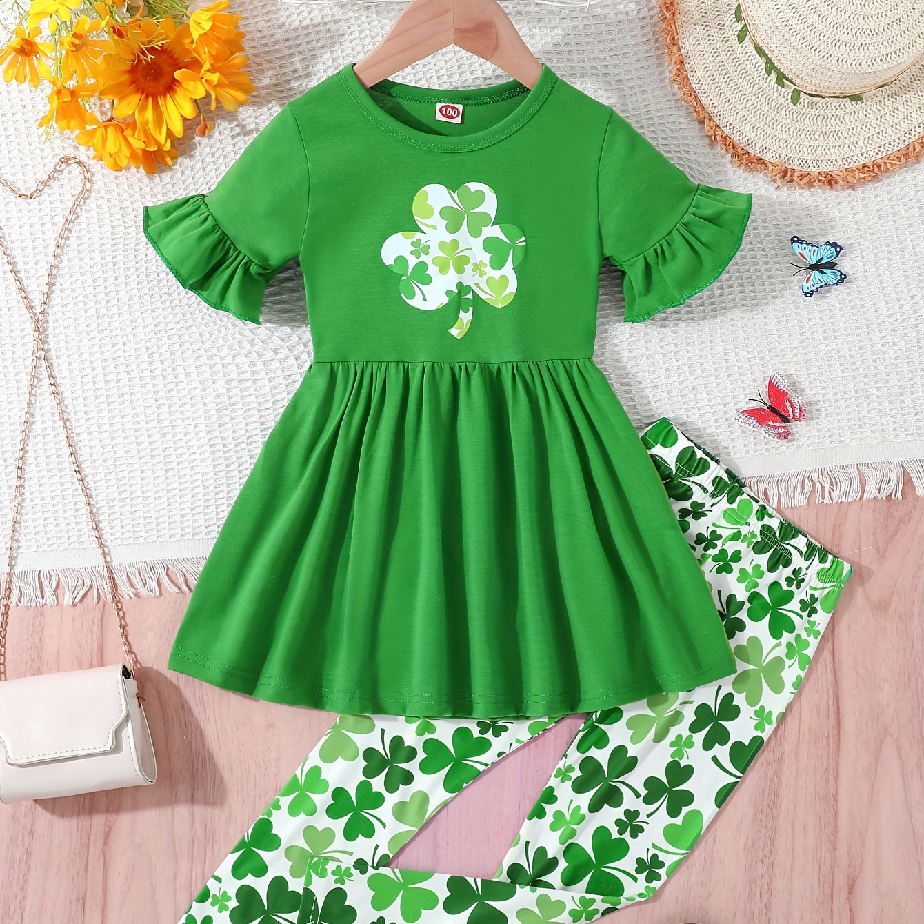 

Girls 2pcs St. Patrick's Day Clover Pattern Short Sleeve Peplum Top & Pants Holiday Outfit Set