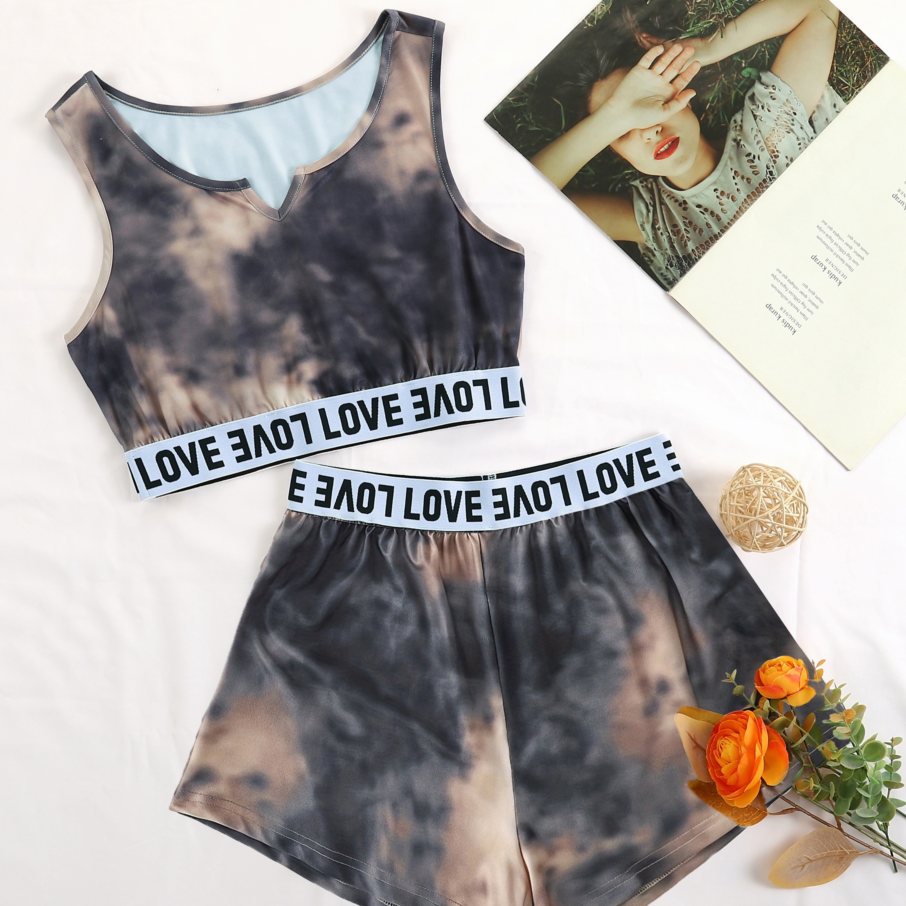 

Letter Print Tie Dye Pajama Set, V Neck Tank Top & Elastic Waistband Shorts, Women's Sleepwear & Loungewear