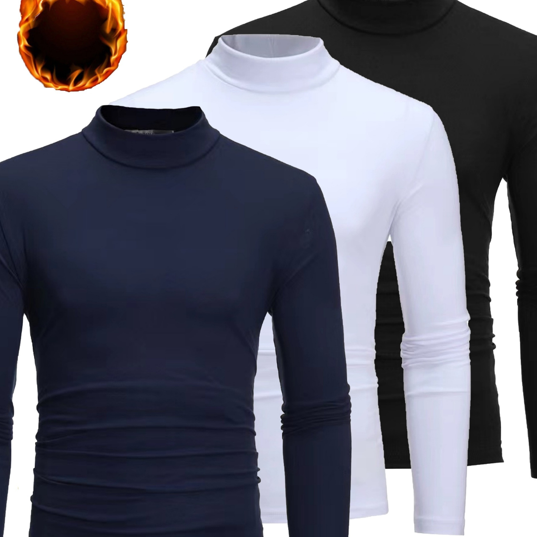 

Men's Fall/winter Turtleneck Long Sleeve Warm Base Layer Tops, 95% Polyester 5% Spandex, Medium Stretch Knit Fabric, Solid, Skinny Fit - 3 Pack