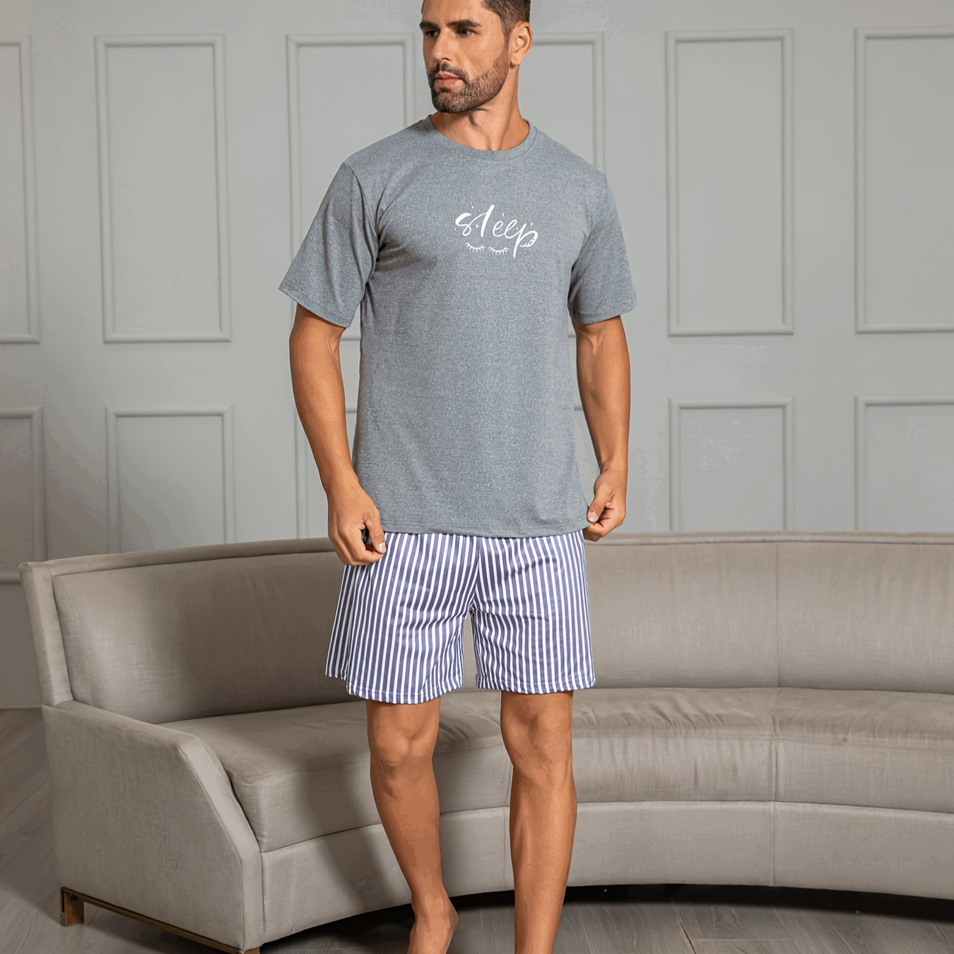 

Men's Summer Sleepwear Set, Soft Comfortable Short Sleeve With Letter Print & Striped Shorts, Suitable For Home And Outdoor Wearing