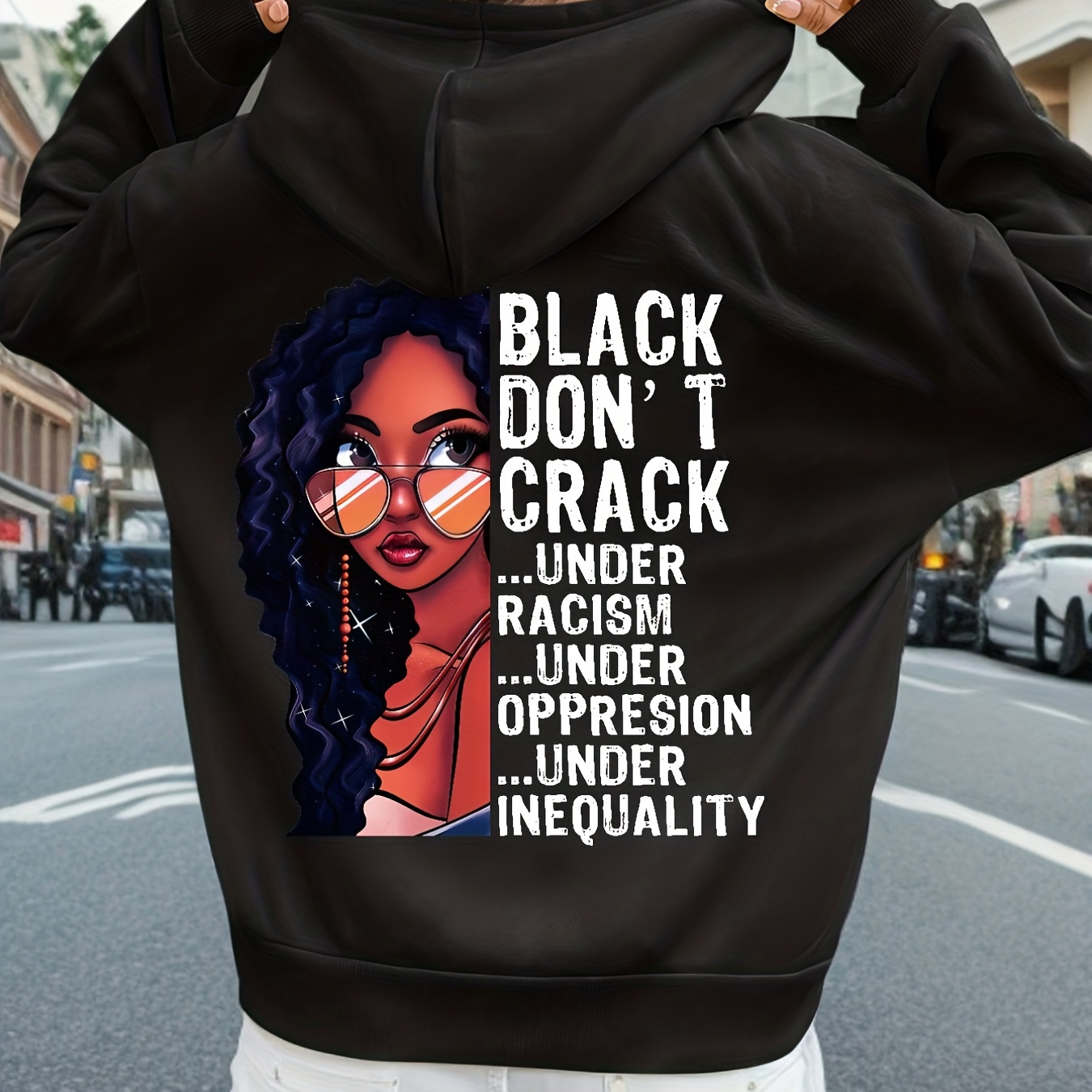 

Plus Size Casual Sweatshirt, Women's Plus Cartoon Figure & Slogan Print Long Sleeve Drawstring Hooded Sweatshirt With Pockets