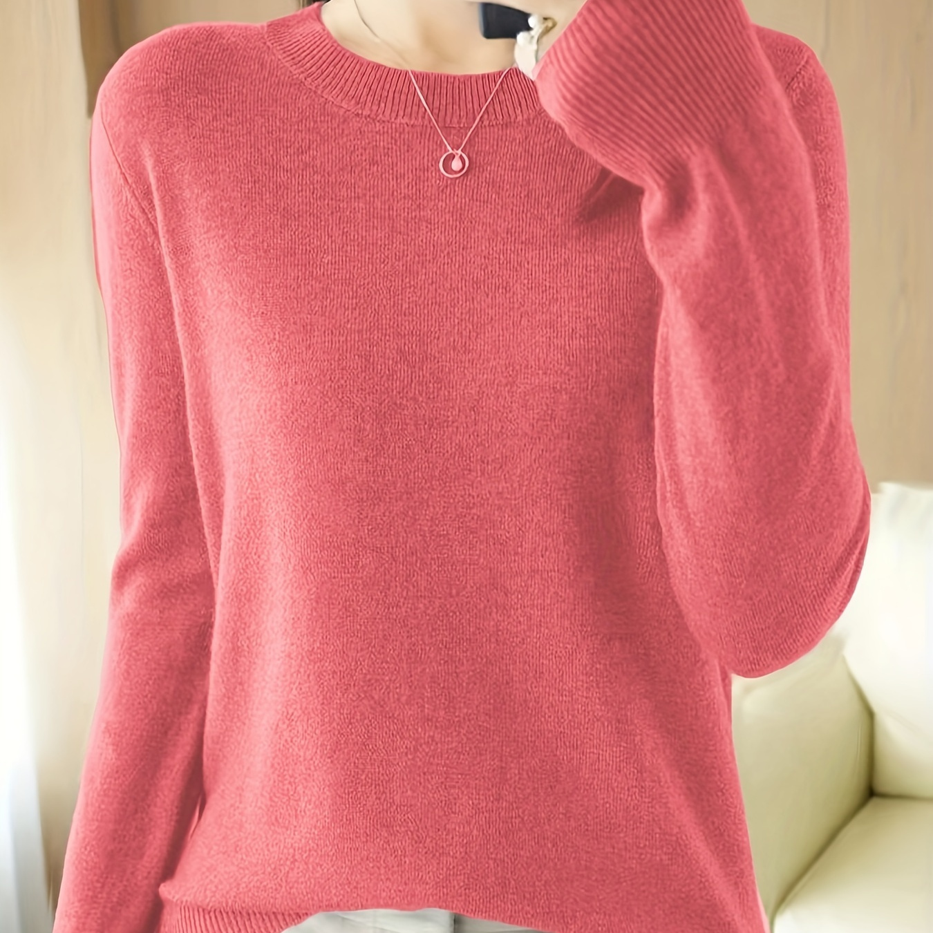 

Solid Color Crew Neck Sweater, Long Sleeve Simple Knitted Top, Women's Clothing