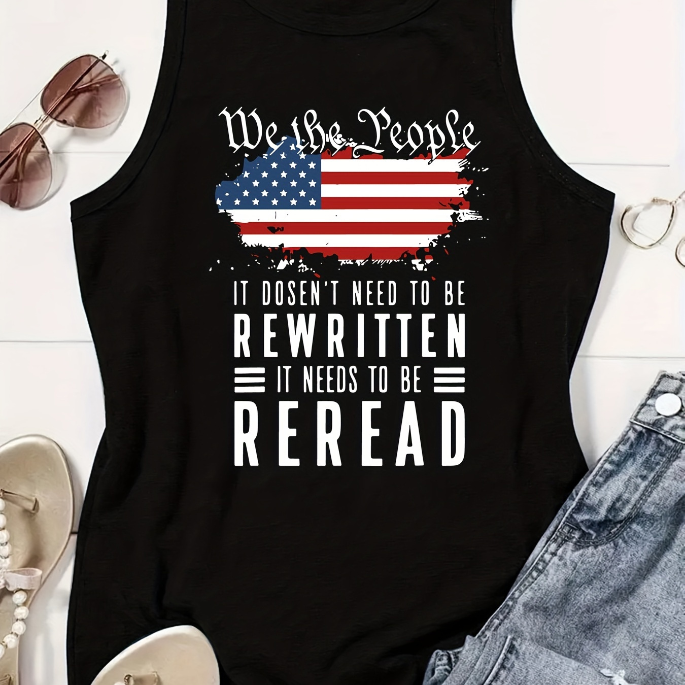 

Plus Size Flag & Letter Print Tank Top, Casual Sleeveless Crew Neck Top For Summer & Spring, Women's Plus Size Clothing