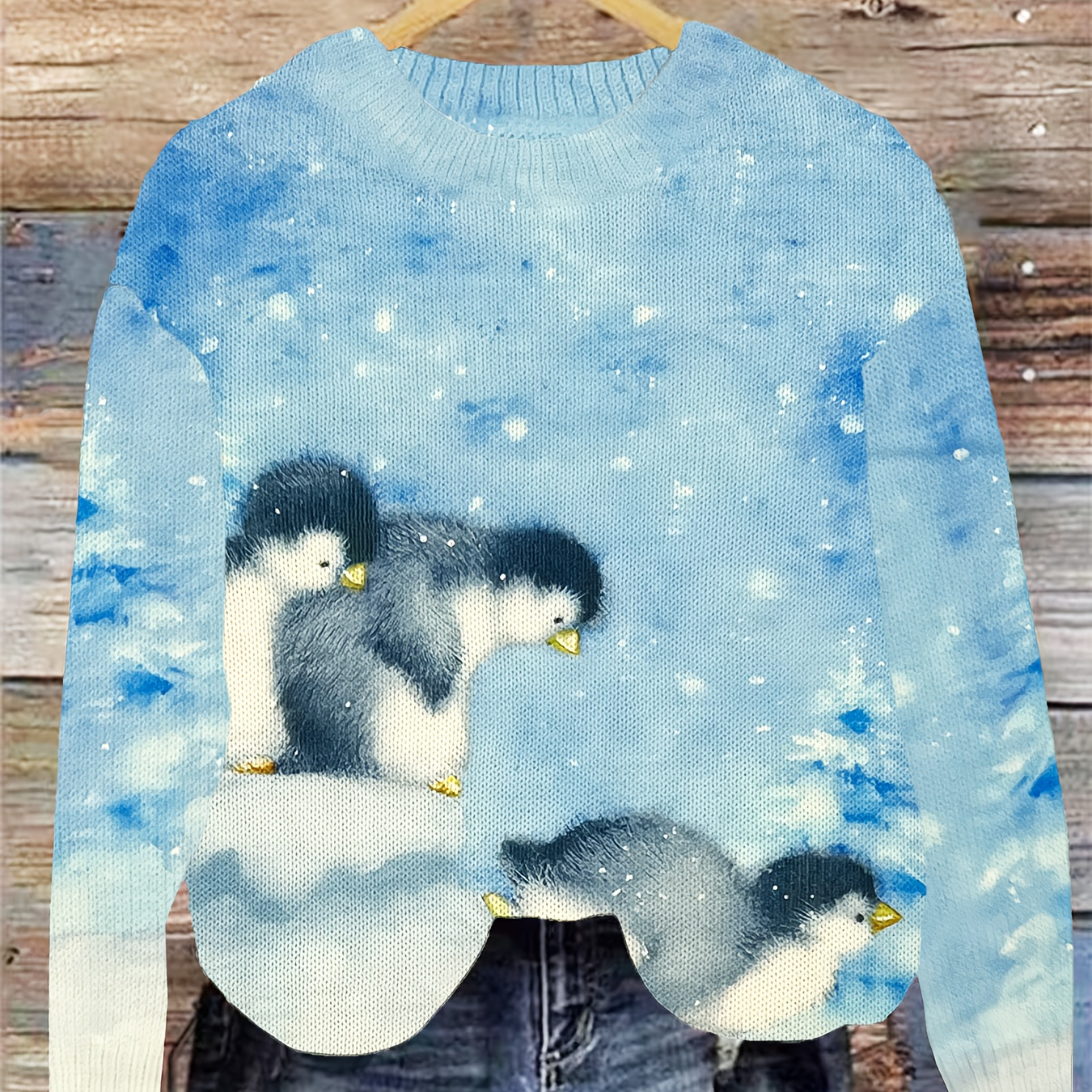 

Chic Penguin Print Long Sleeve Pullover - Elegant Crew Neck Knit Top For Women, Fall & Winter