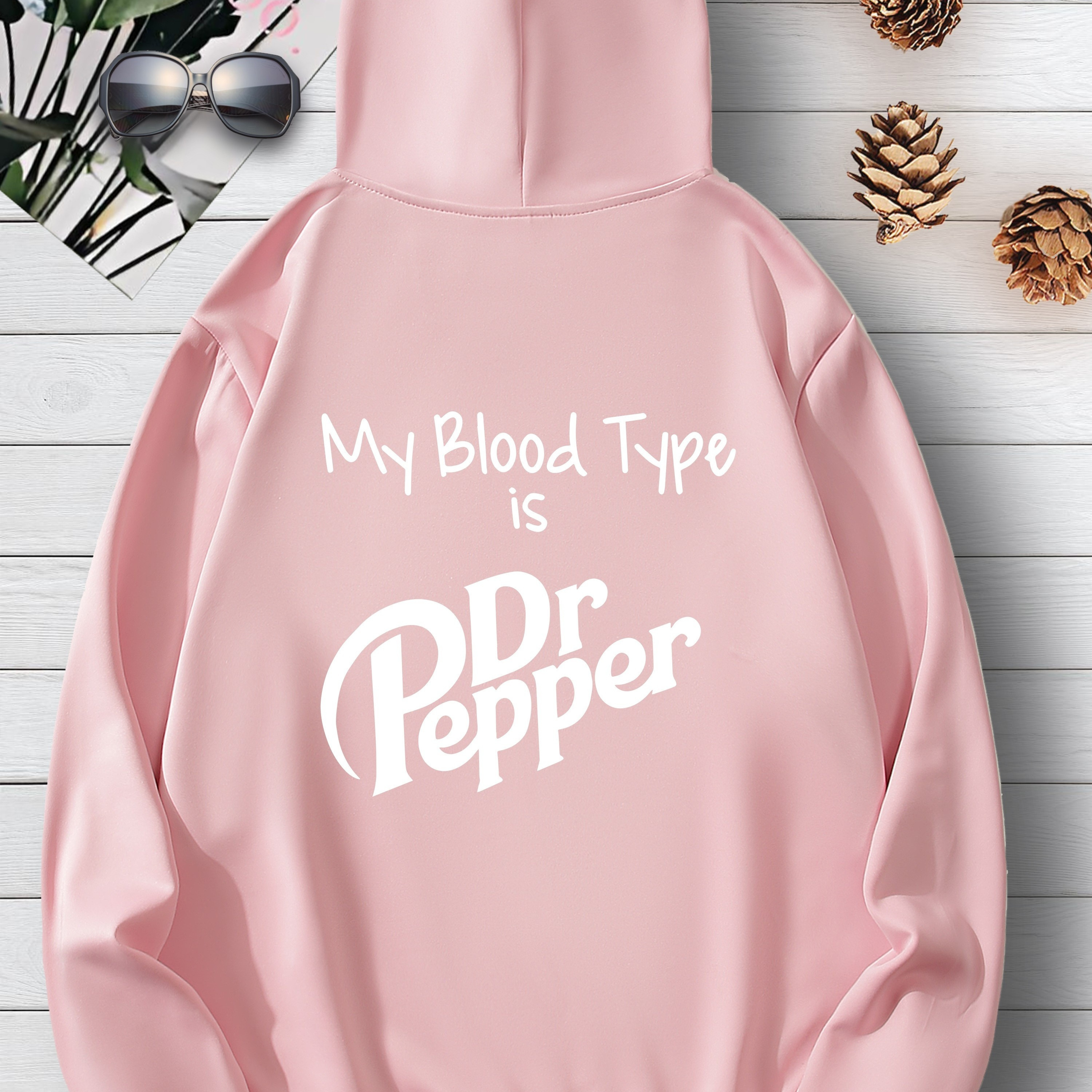 

My Blood Type Is Dr Pepper Print Hoodie, Casual Long Sleeve Kangaroo Pocket Hoodie Sweatshirt, Women's Clothing