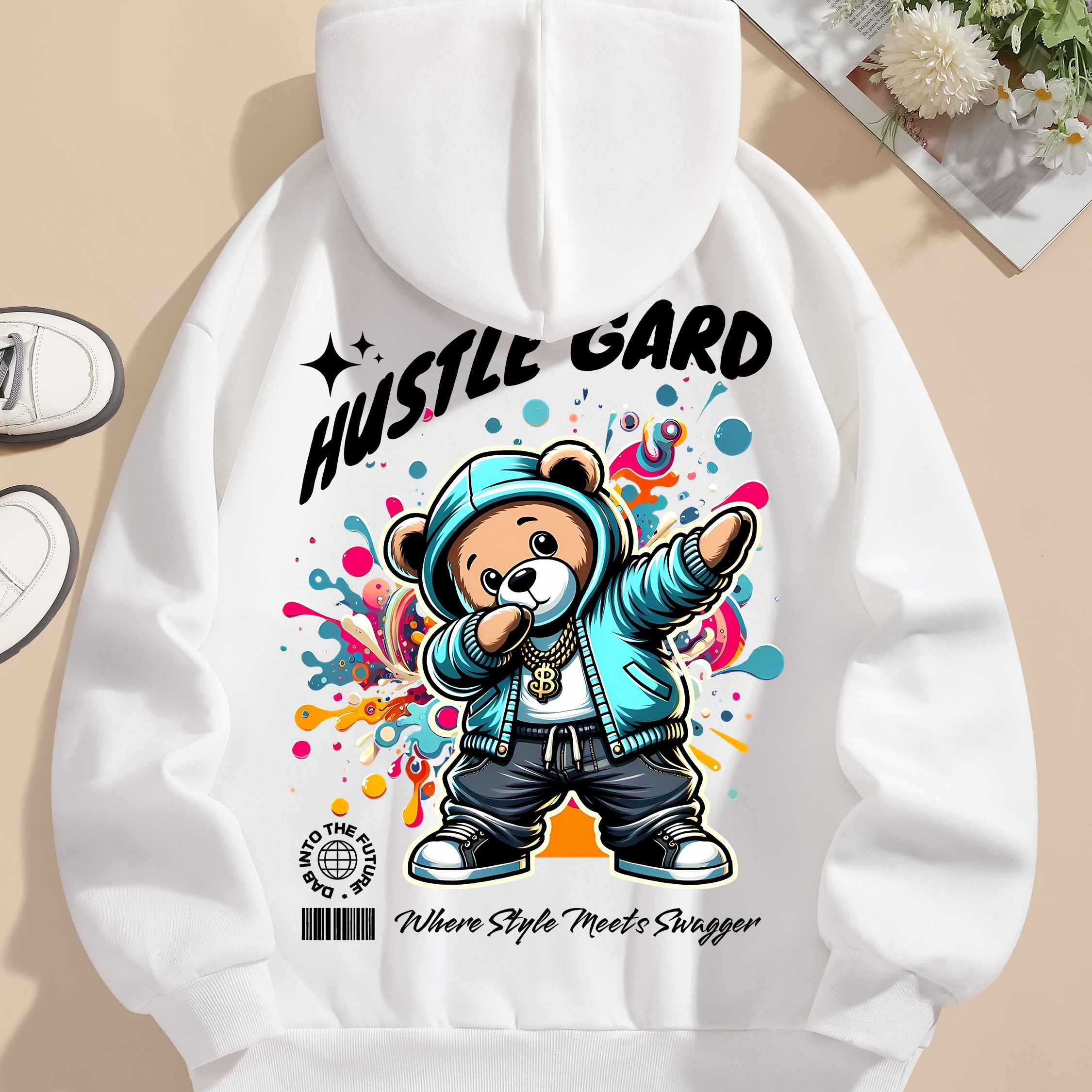 

Casual Polyester Hoodie With Cartoon Teddy Bear Print - 100% Knit Fabric, Hooded With Drawstring, All-season Long Sleeve Sweatshirt For Men And Women