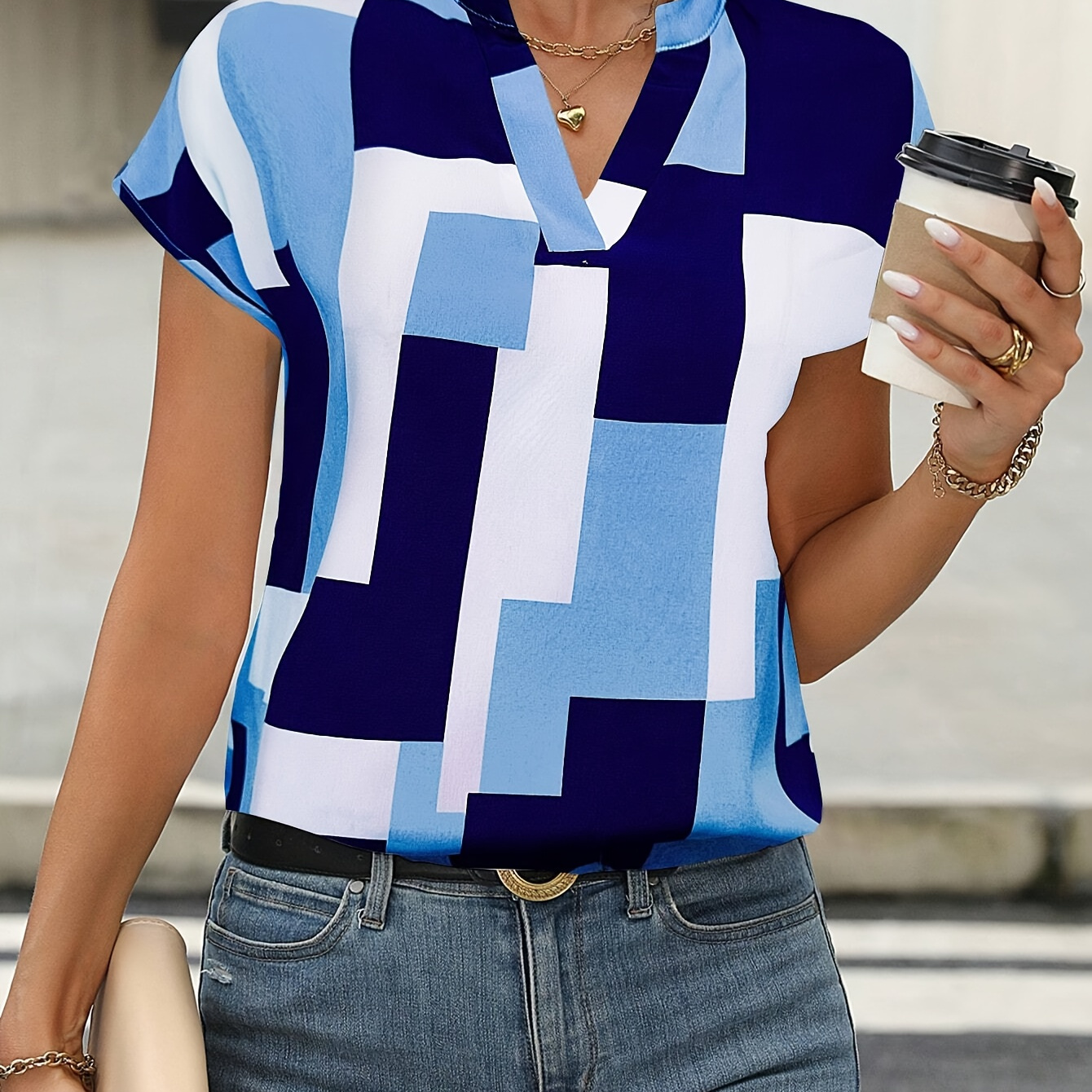 

Geo Print Notched Neck Colorblock Blouse, Casual Short Sleeve Blouse For Spring & Summer, Women's Clothing