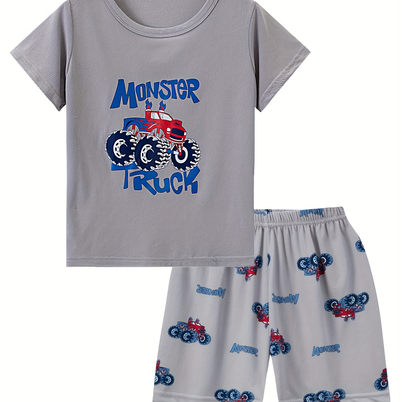 

2 ensembles de pyjamas mignons pour garçons, t-shirts à manches courtes et shorts imprimés de véhicules tout-terrain, pyjamas confortables et mignons pour garçons, vêtements de détente confortables