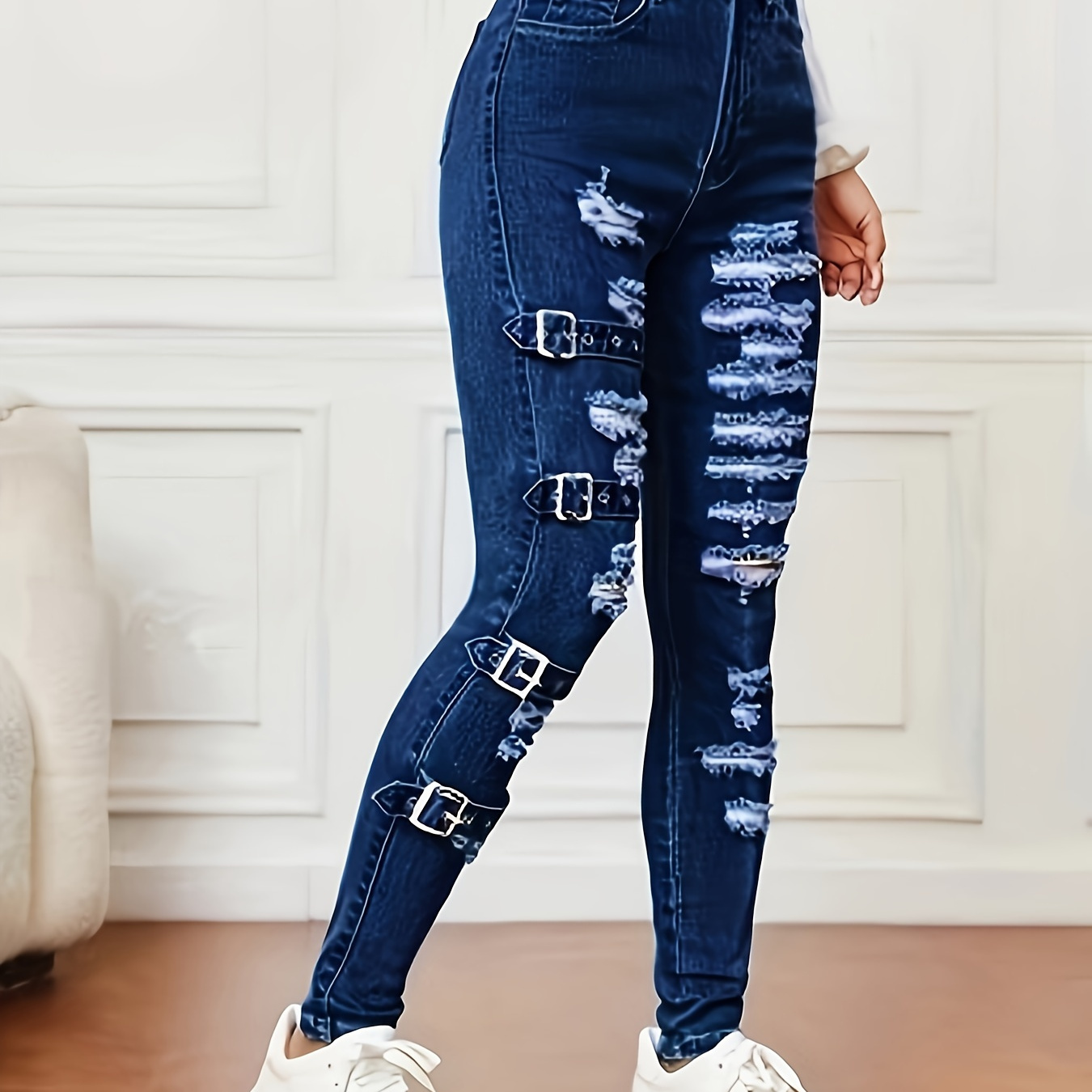 

1pc Women's High-waisted Ripped Denim Jeans, Stretchy Mid-rise Skinny Pants With Geometric Pattern, Accents, Fashion