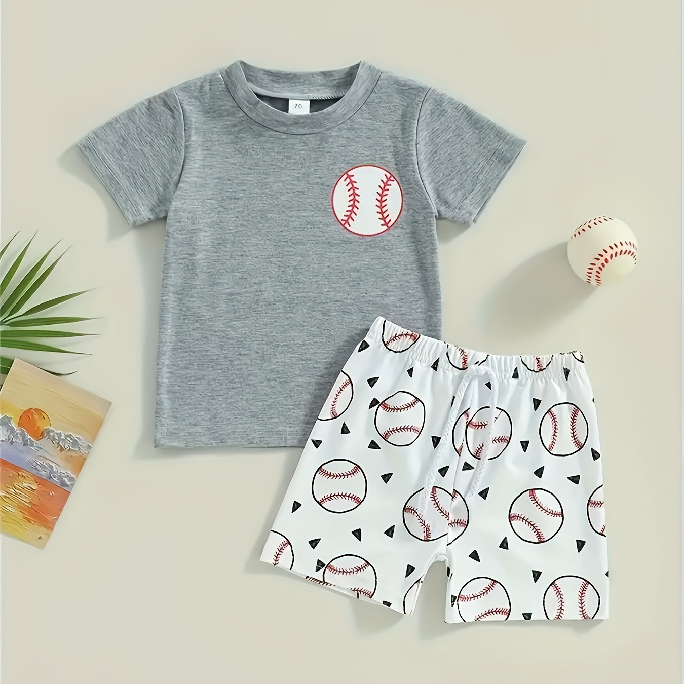 

2pcs Infant & Toddler's Baseball Print Summer Set, T-shirt & Casual Shorts, Baby Boy's Clothes