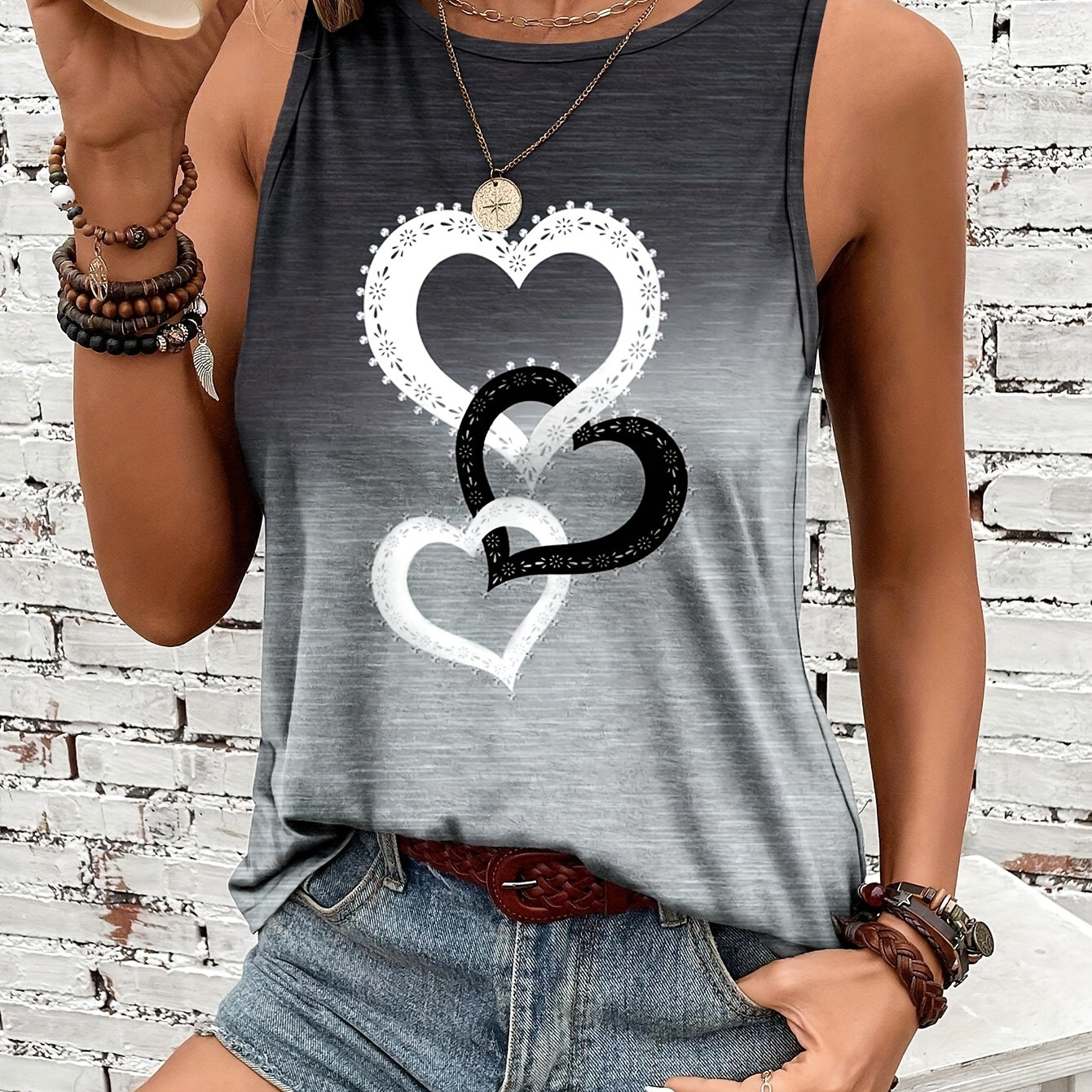 

Heart Print Crew Neck Tank Top, Casual Ombre Sleeveless Tank Top For Summer, Women's Clothing