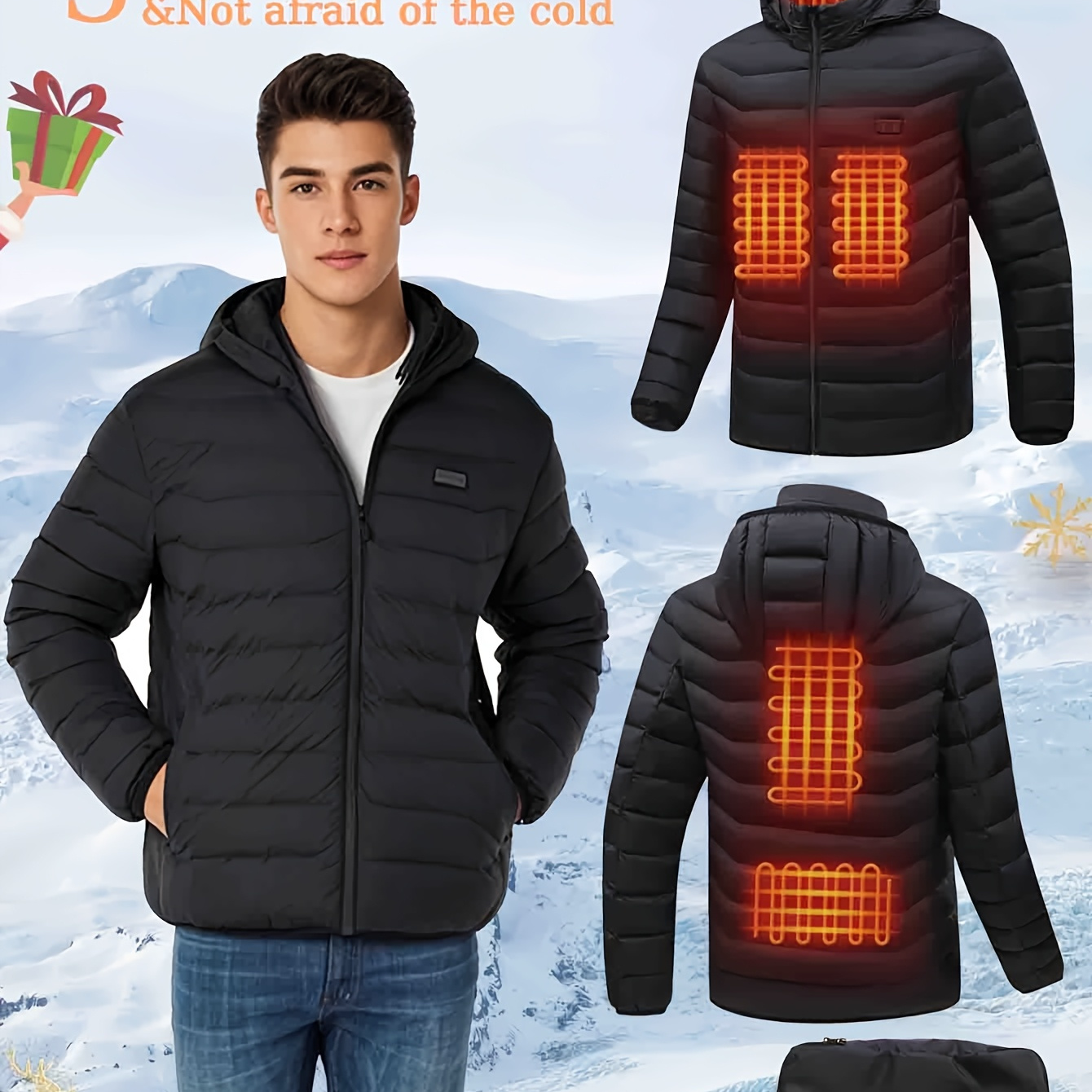 

Warm Jacket For Men - Long Sleeved, 3-level Usb Electric Heating, 5big Zone , Outdoor Camping, Hiking, Skiing, And Cold Weather Activities - With Battery Pack